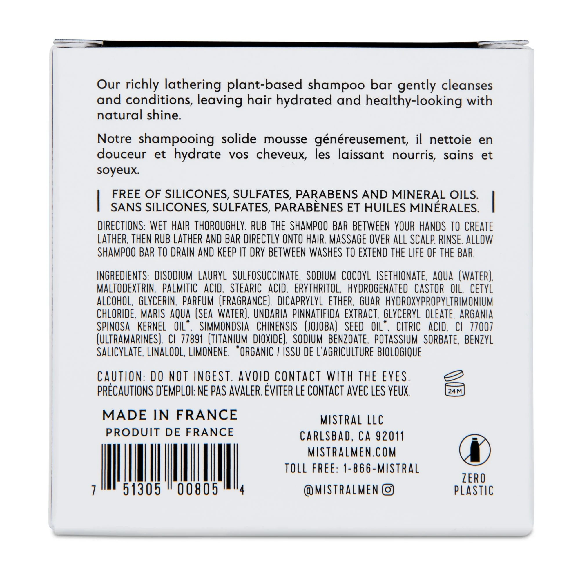 Back of a shampoo bar packaging with text and branding details.