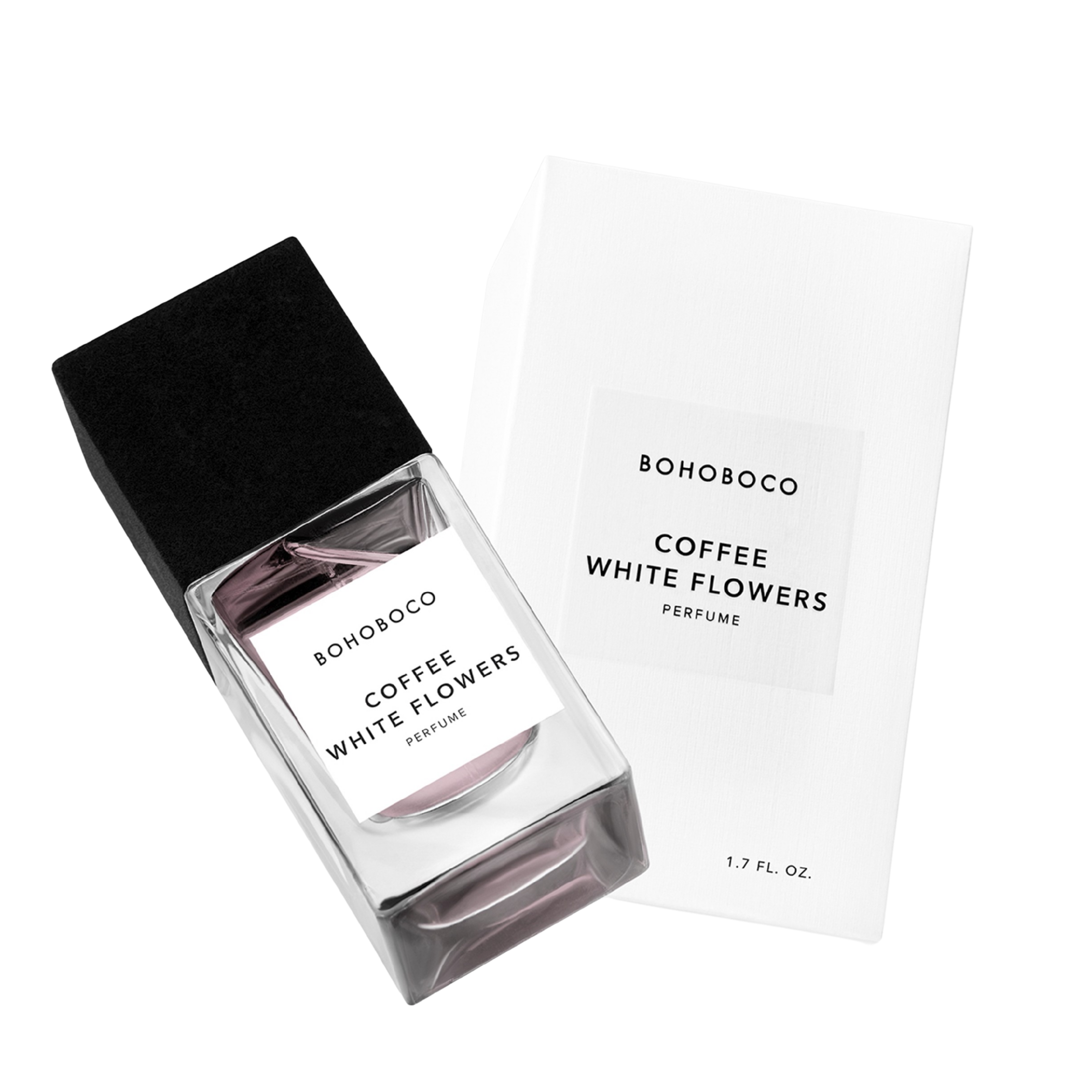 Bohoboco Coffee White Flowers Bottle and box on white background.