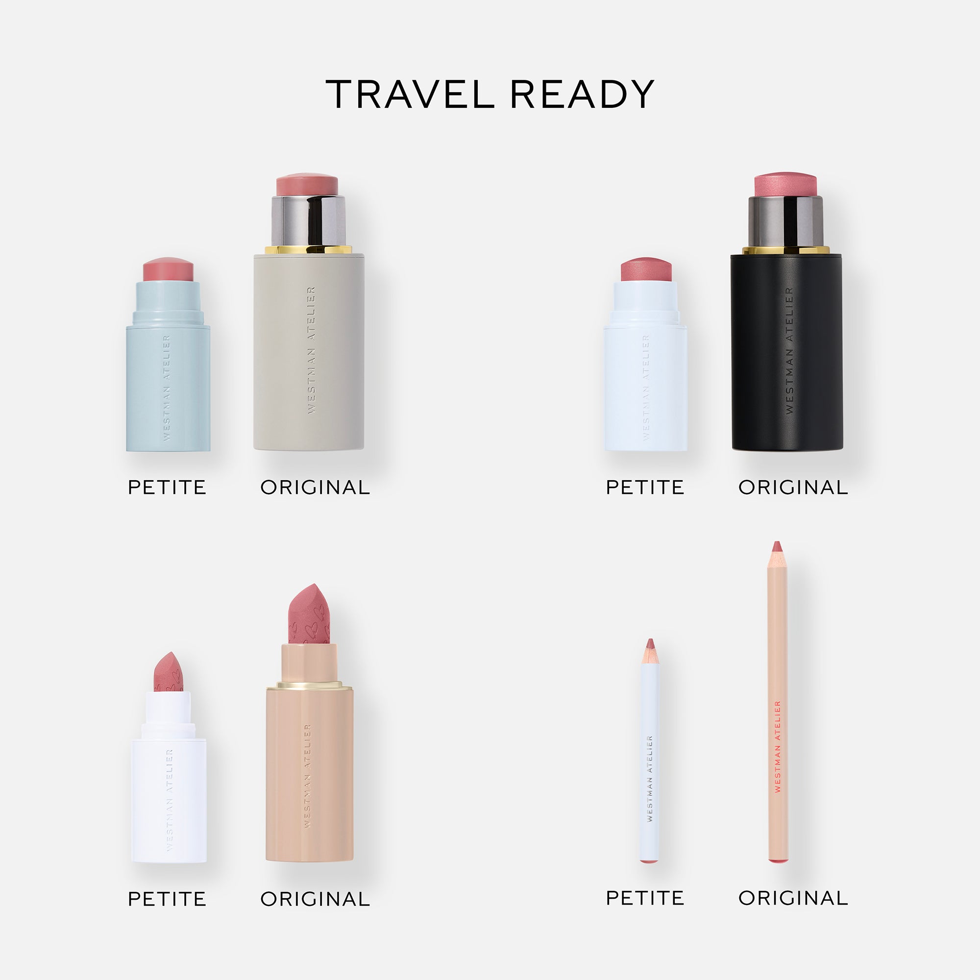 Collection of travel-sized makeup products with labels on a white background