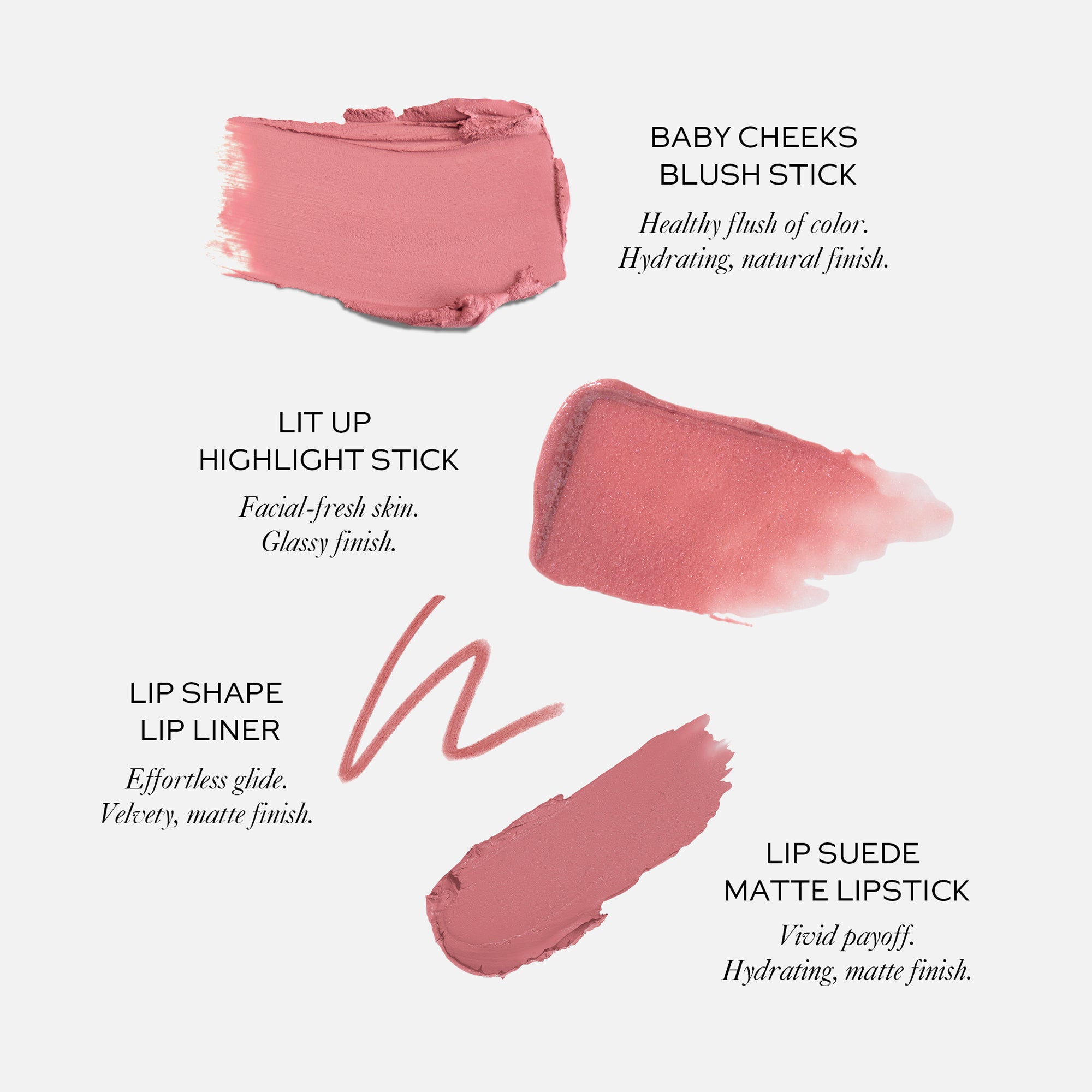 Cosmetic product swatches with text describing their uses on a white background
