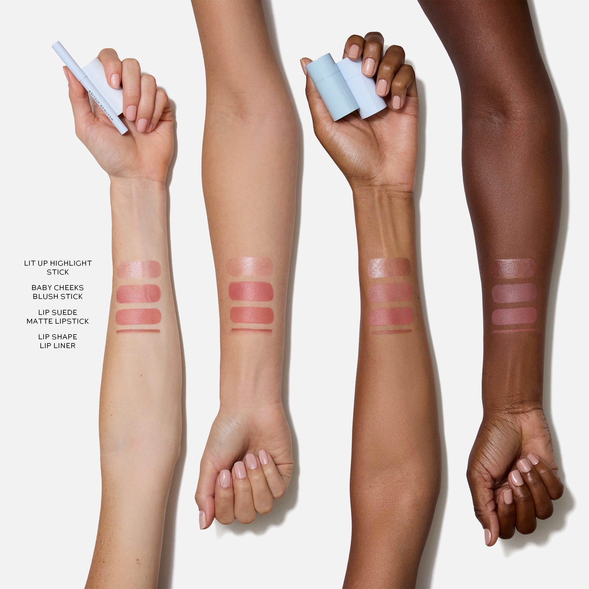 Multiple swatches of makeup products on different skin tones with text labels.