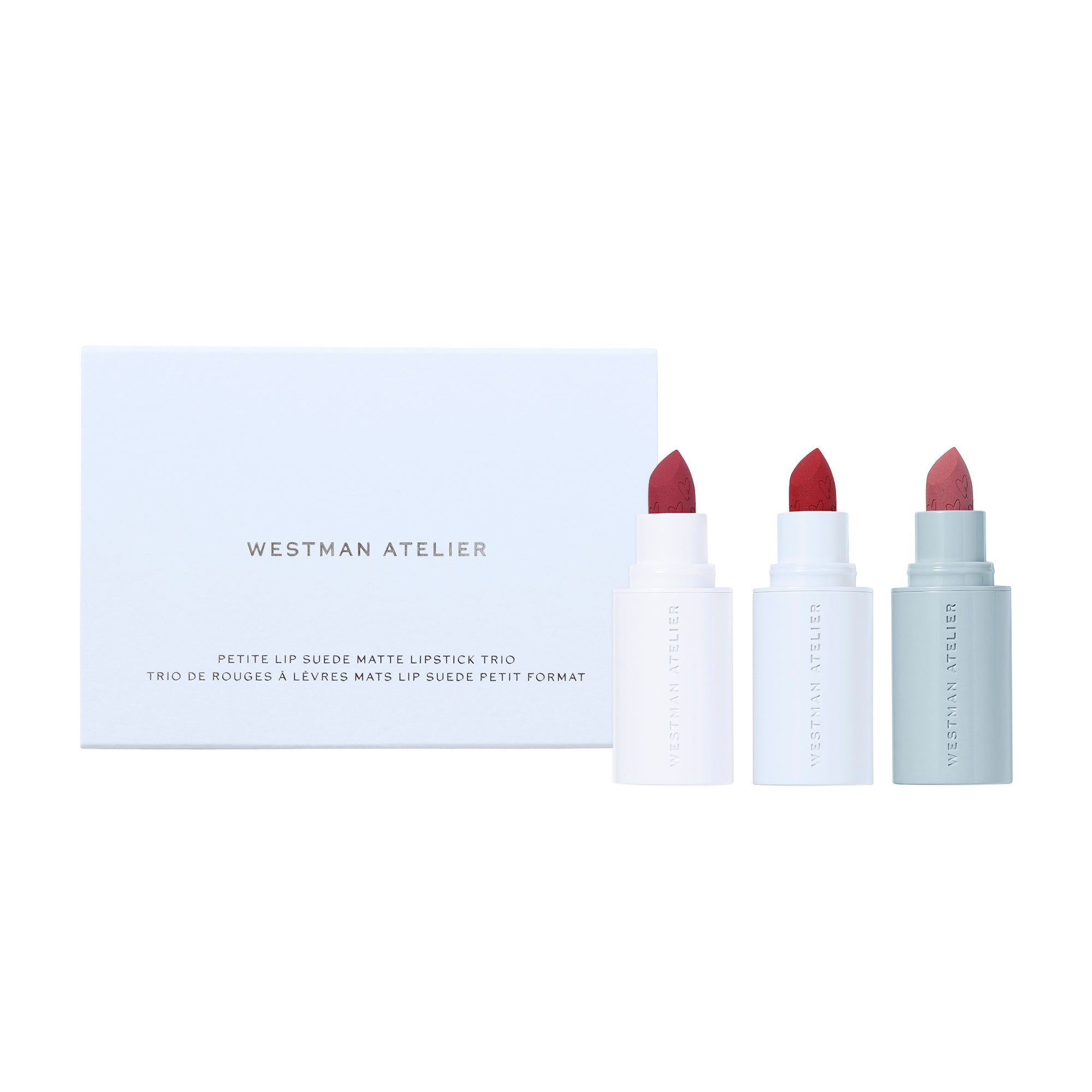 Westman Atelier lipstick set with three lipsticks on a white background