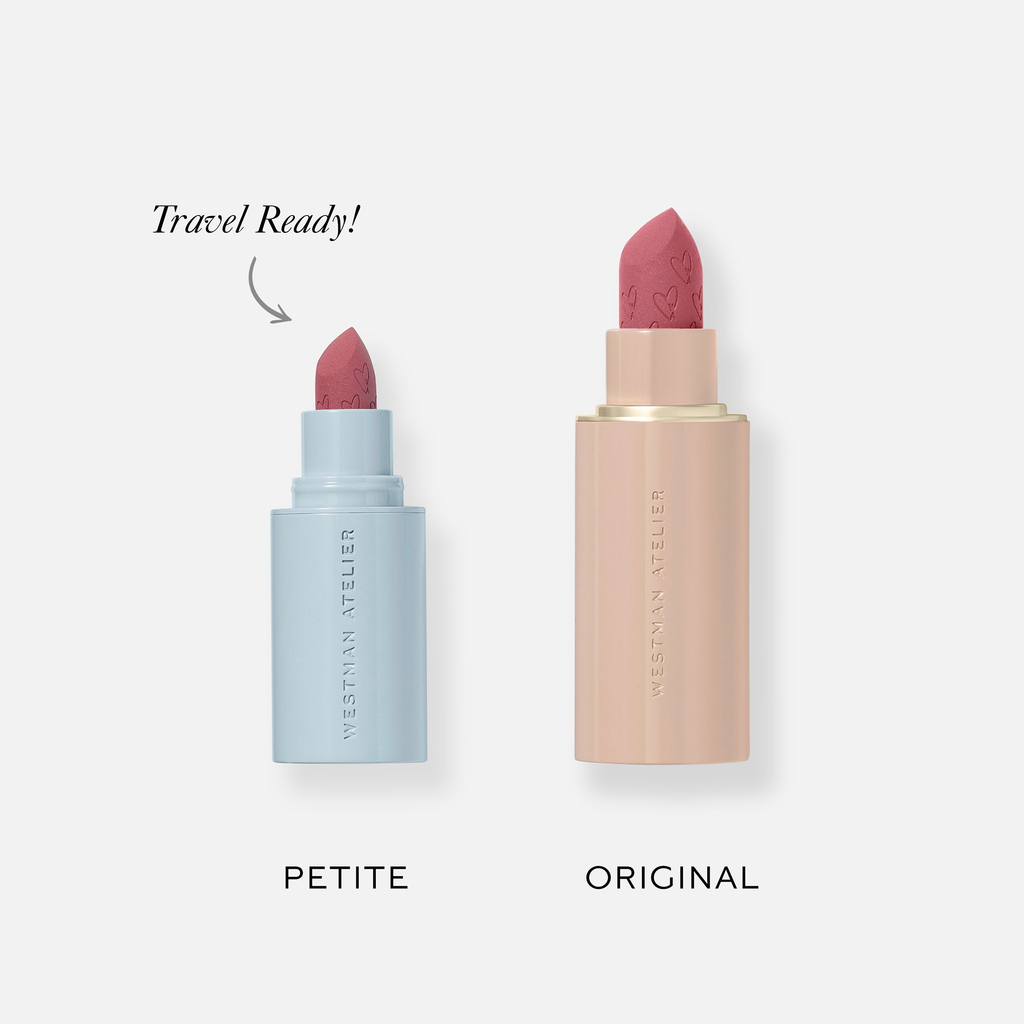 Two lipsticks, one petite and one original, with 'Travel Ready!' text on a white background.