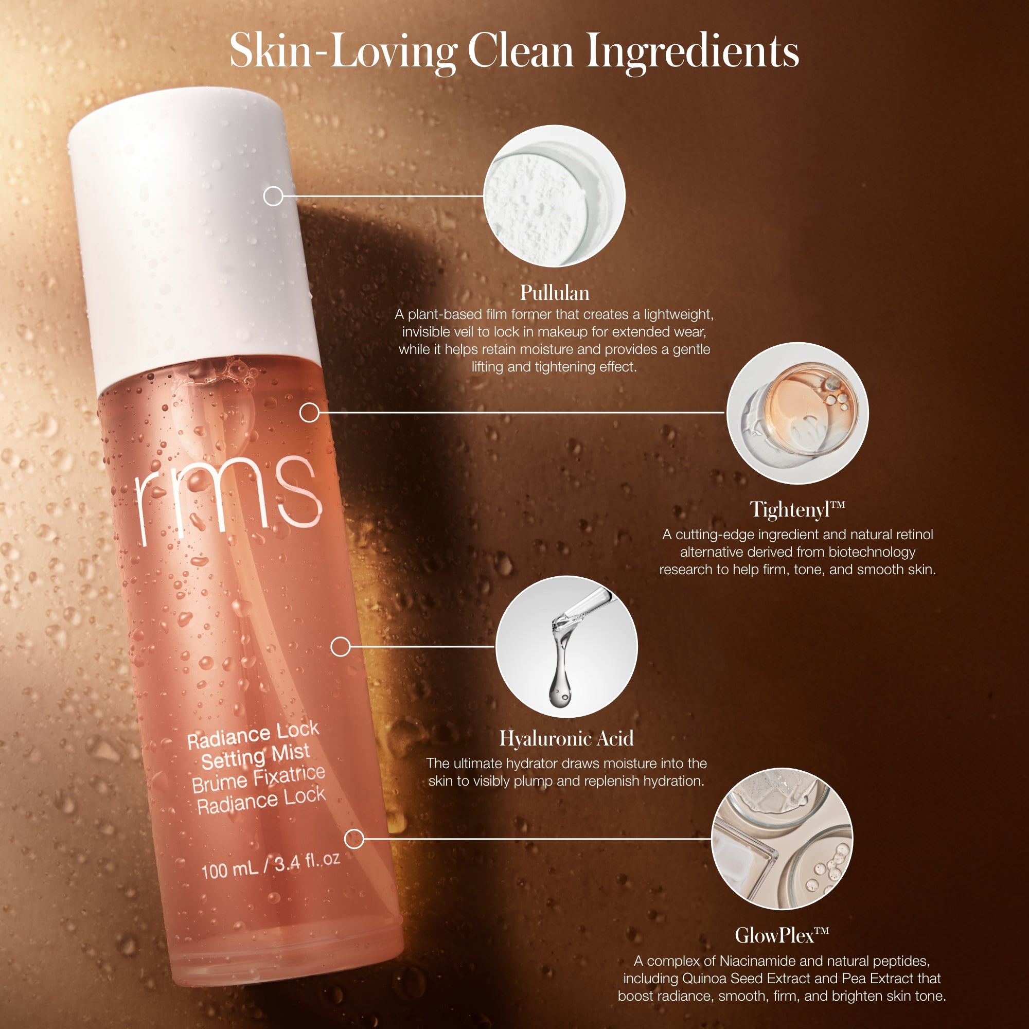 rms beauty Radiance Lock Setting Mist with labeled ingredients on a brown background