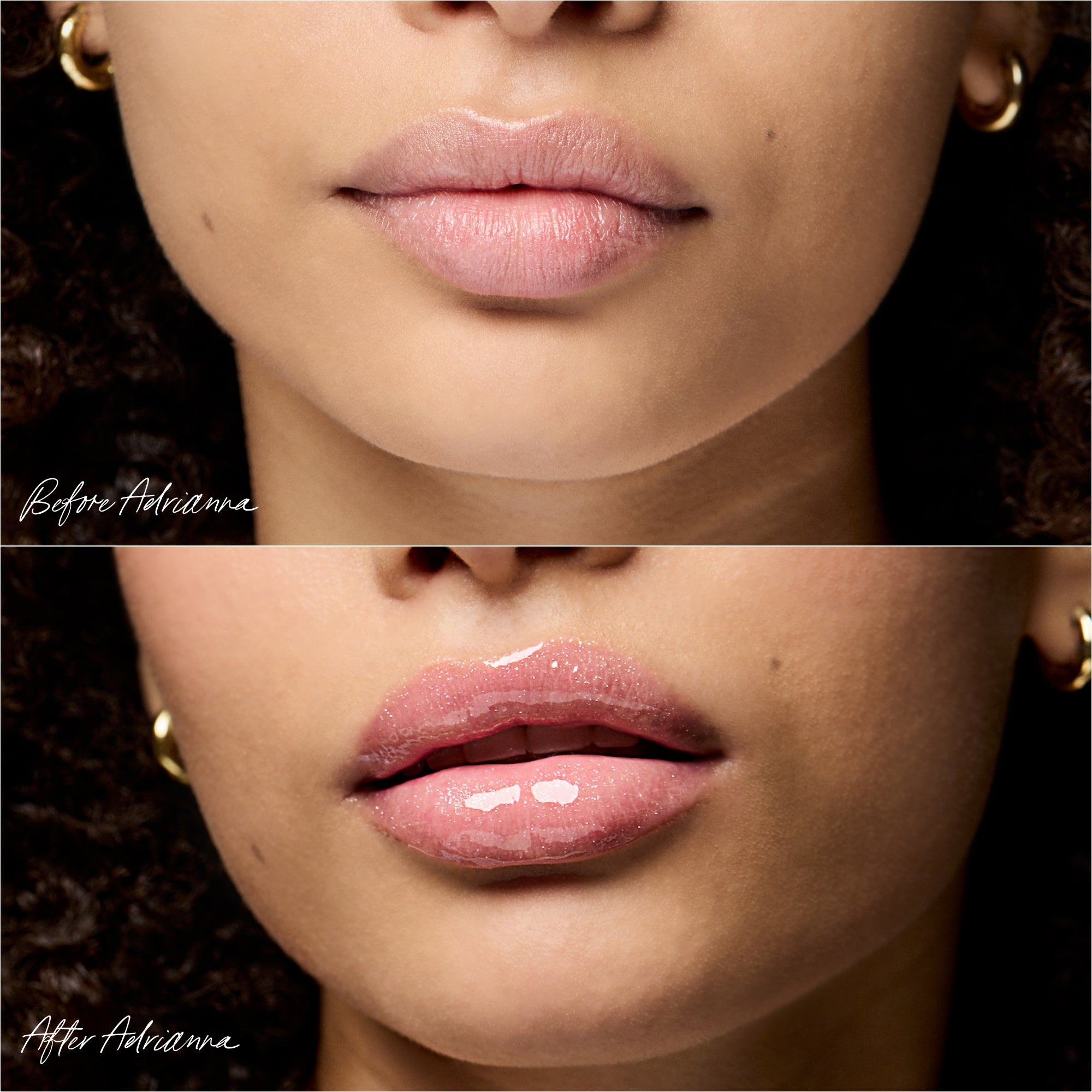 Before and after comparison of a woman's lips using Adrianna Lip Oil.