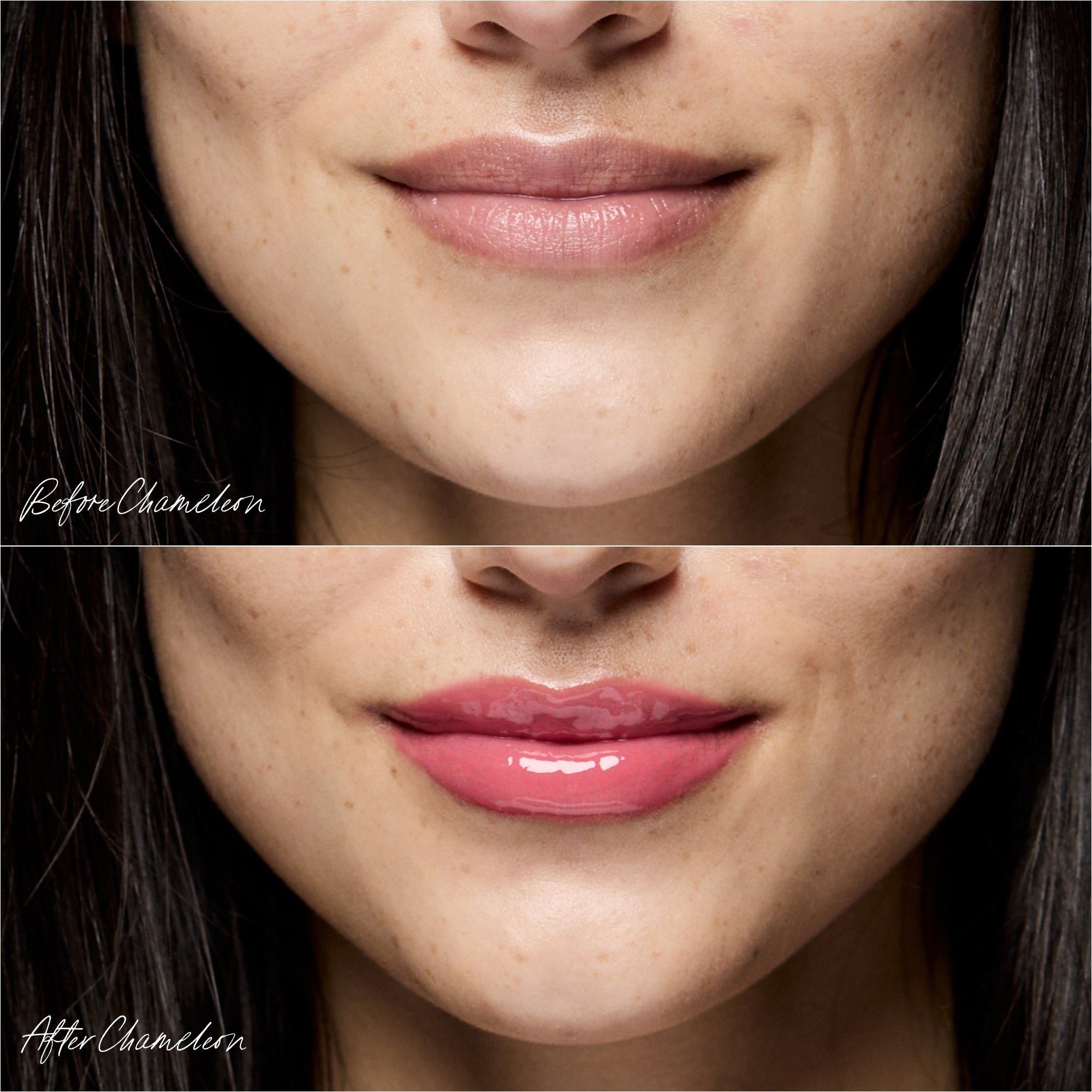 Before and after comparison of a woman's lips with Chameleon lip oil.
