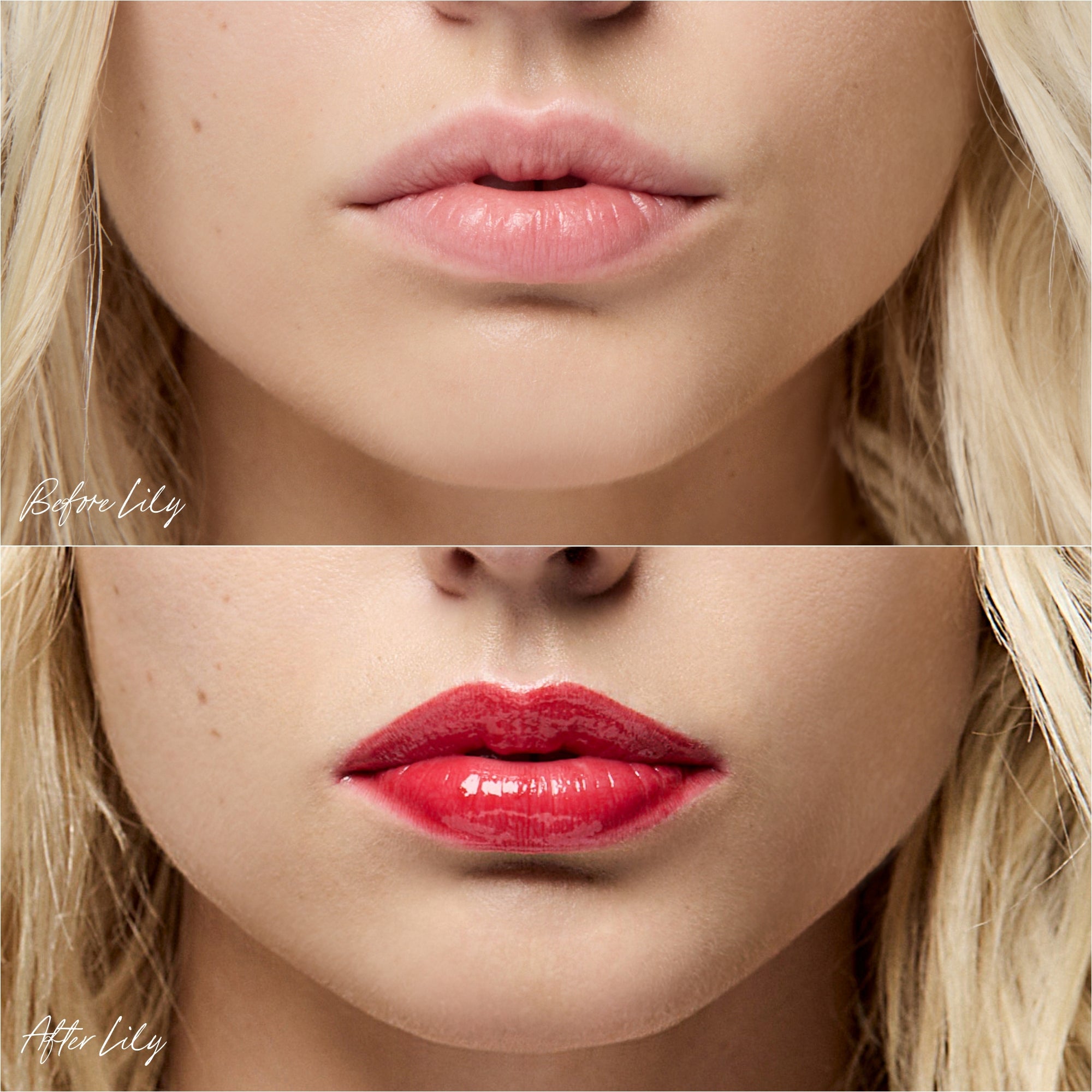 Before and after comparison of a woman's lips with lily lip oil application.