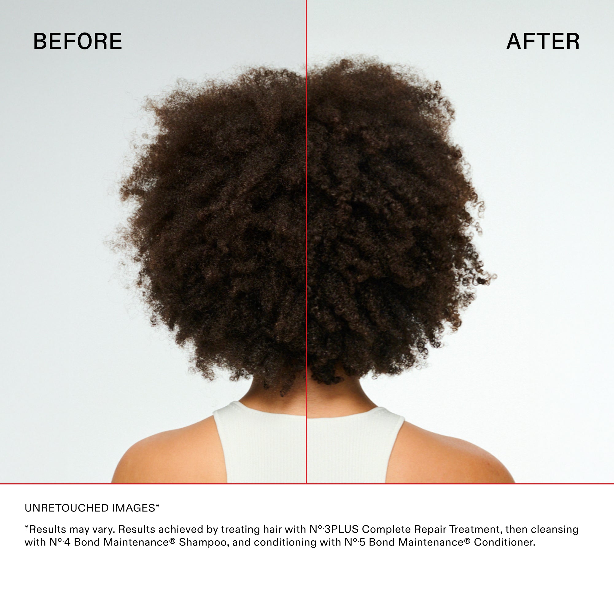 Before and after comparison of a person's hair with text about hair care products.