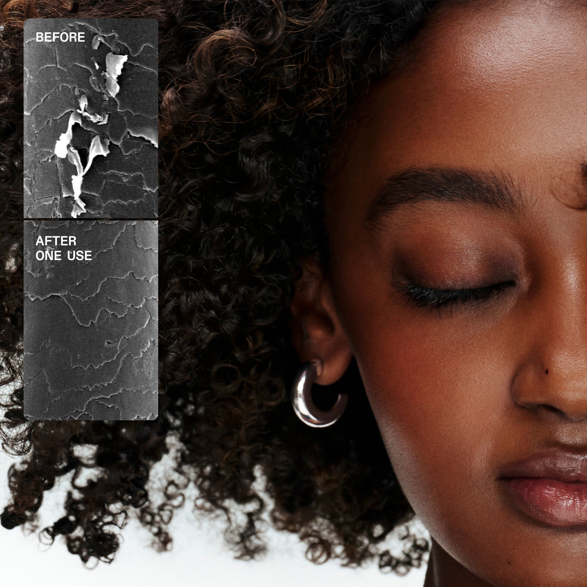 Before and after comparison of hair treatment on a woman's hair with close-up details.