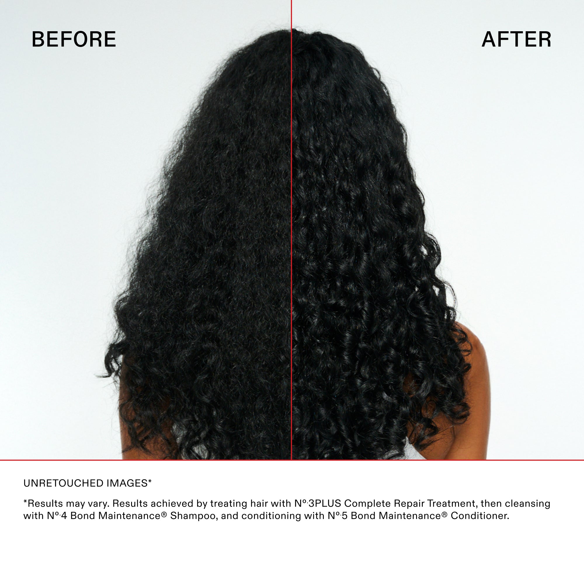Before and after comparison of hair treatment on a person with long, curly hair.