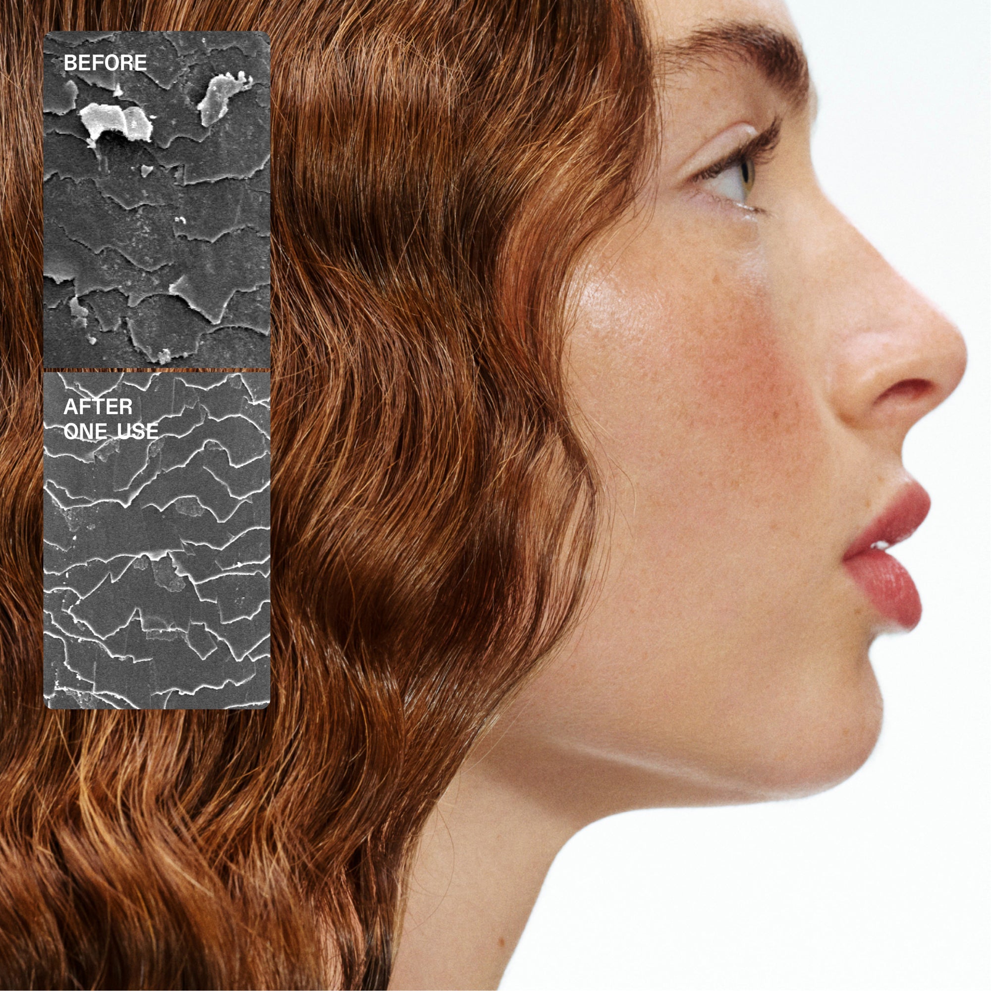 Before and after comparison of a skincare product on a person's face.