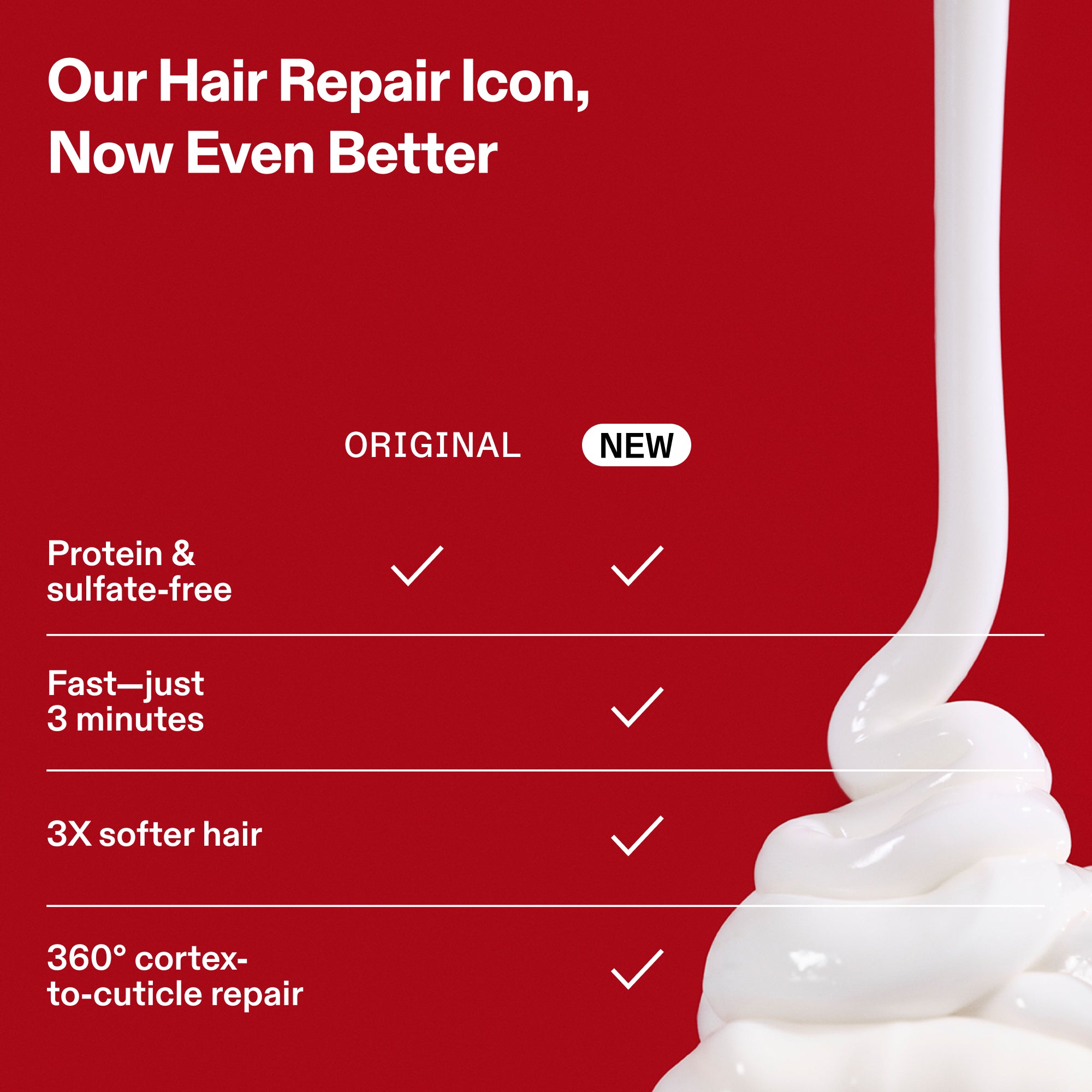 Hair product advertisement with text on a red background
