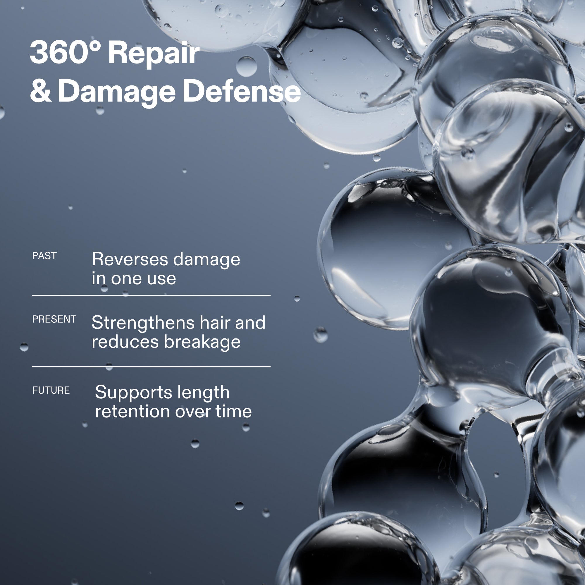 Advertisement for hair care product with bubbles and text about repair and damage defense.