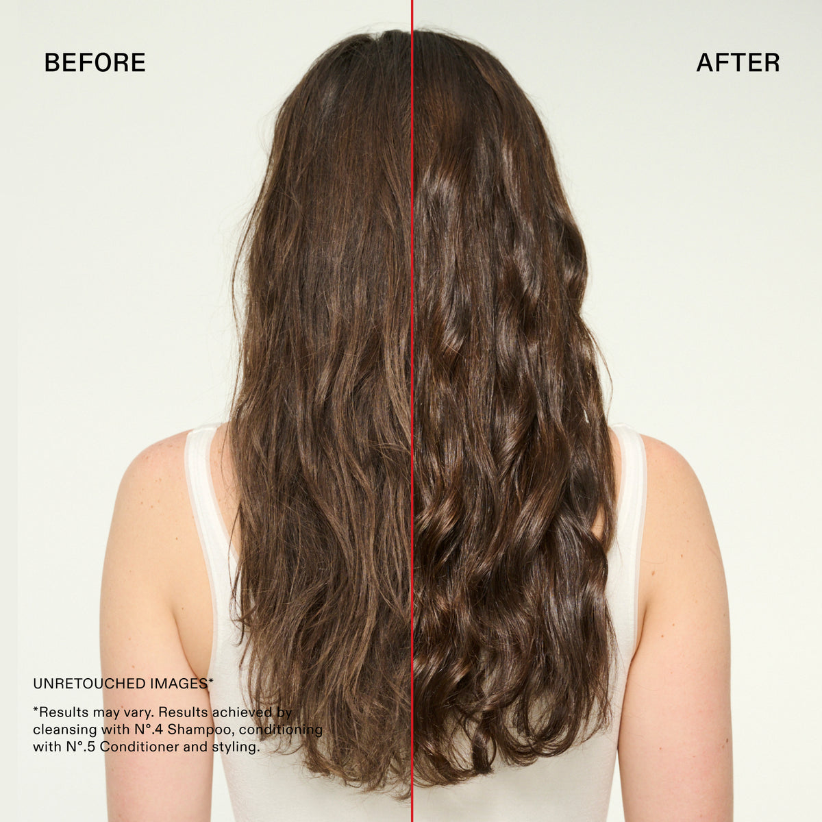 Before and after comparison of a woman's long, wavy brown hair, shown from the back. The left side is labeled 'BEFORE' and shows drier, less voluminous hair, while the right side is labeled 'AFTER' and shows smoother, shinier, and more styled hair.