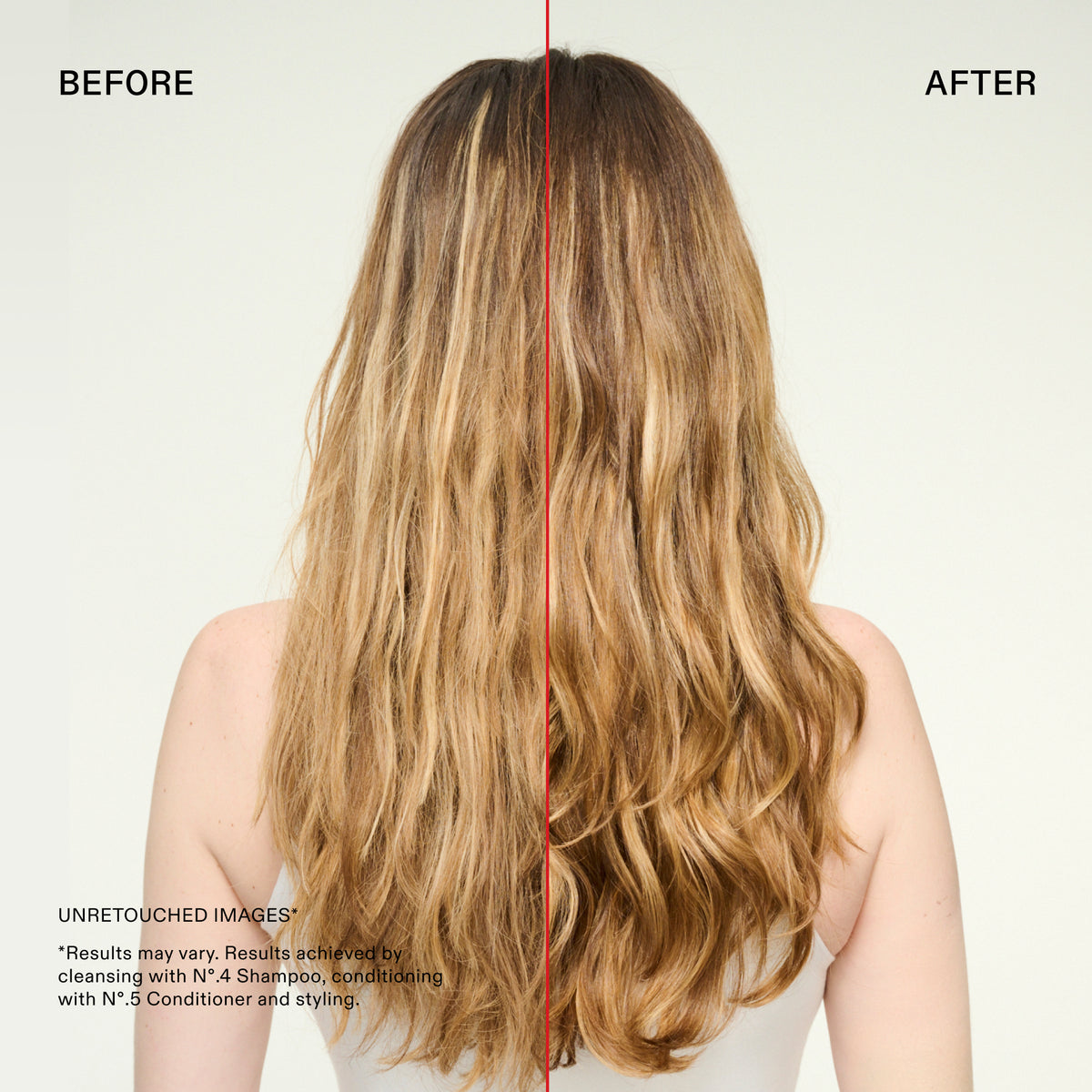 Before and after hair care results shown from the back on a model, with the left side labeled BEFORE and the right side labeled AFTER. The hair appears lighter and smoother on the right side, with a red vertical divider line separating the two panels.