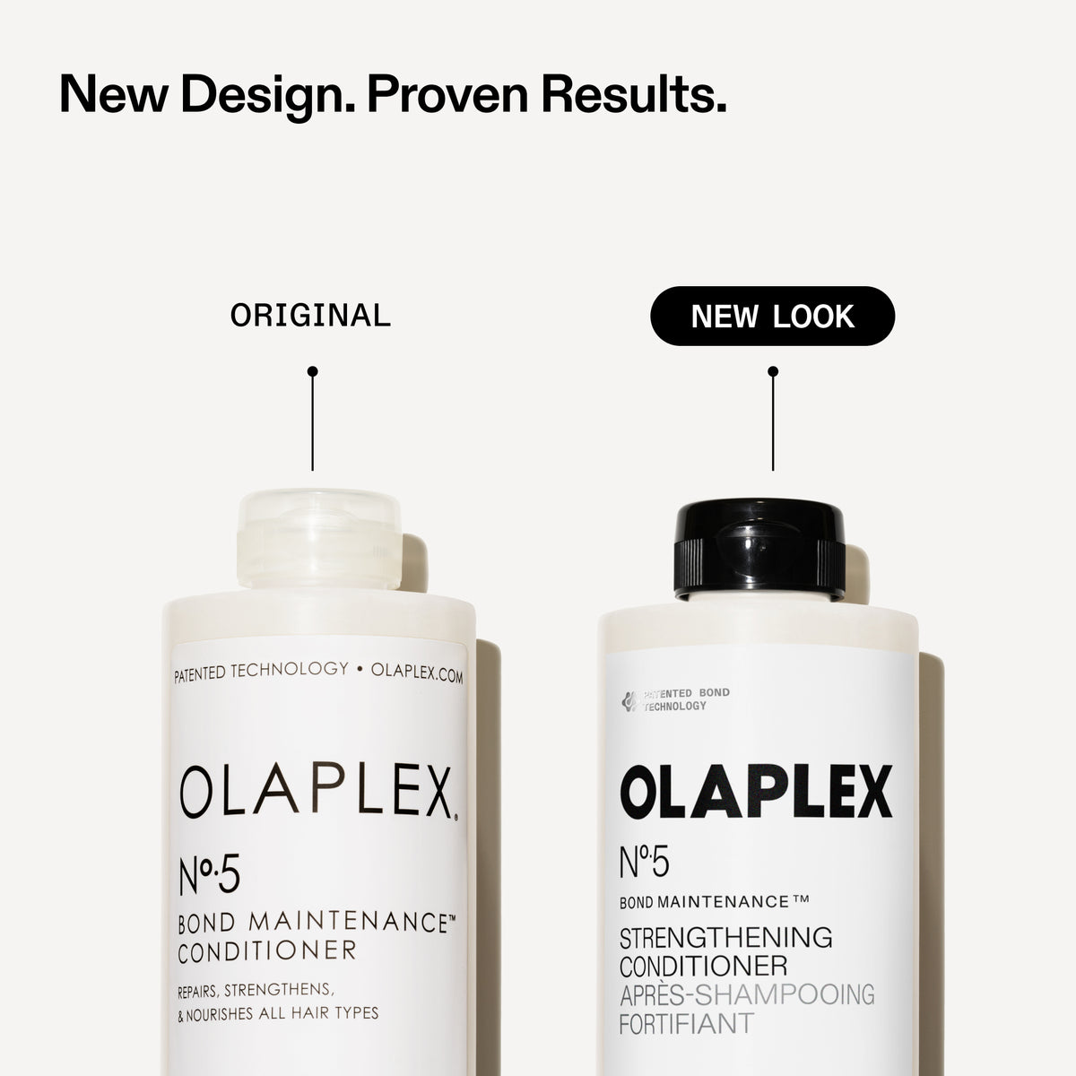 Two white Olaplex No.5 Bond Maintenance Conditioners shown side by side on a light gray background, with text labels pointing to the original and new look bottle designs.