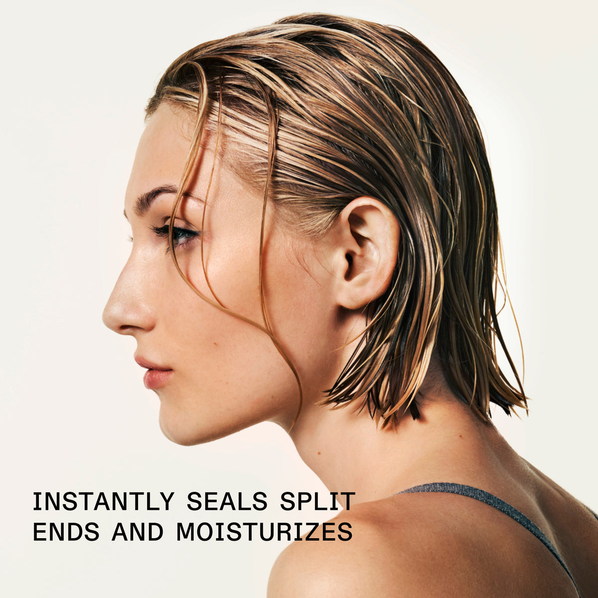 Woman with wet hair on a white background with text overlay