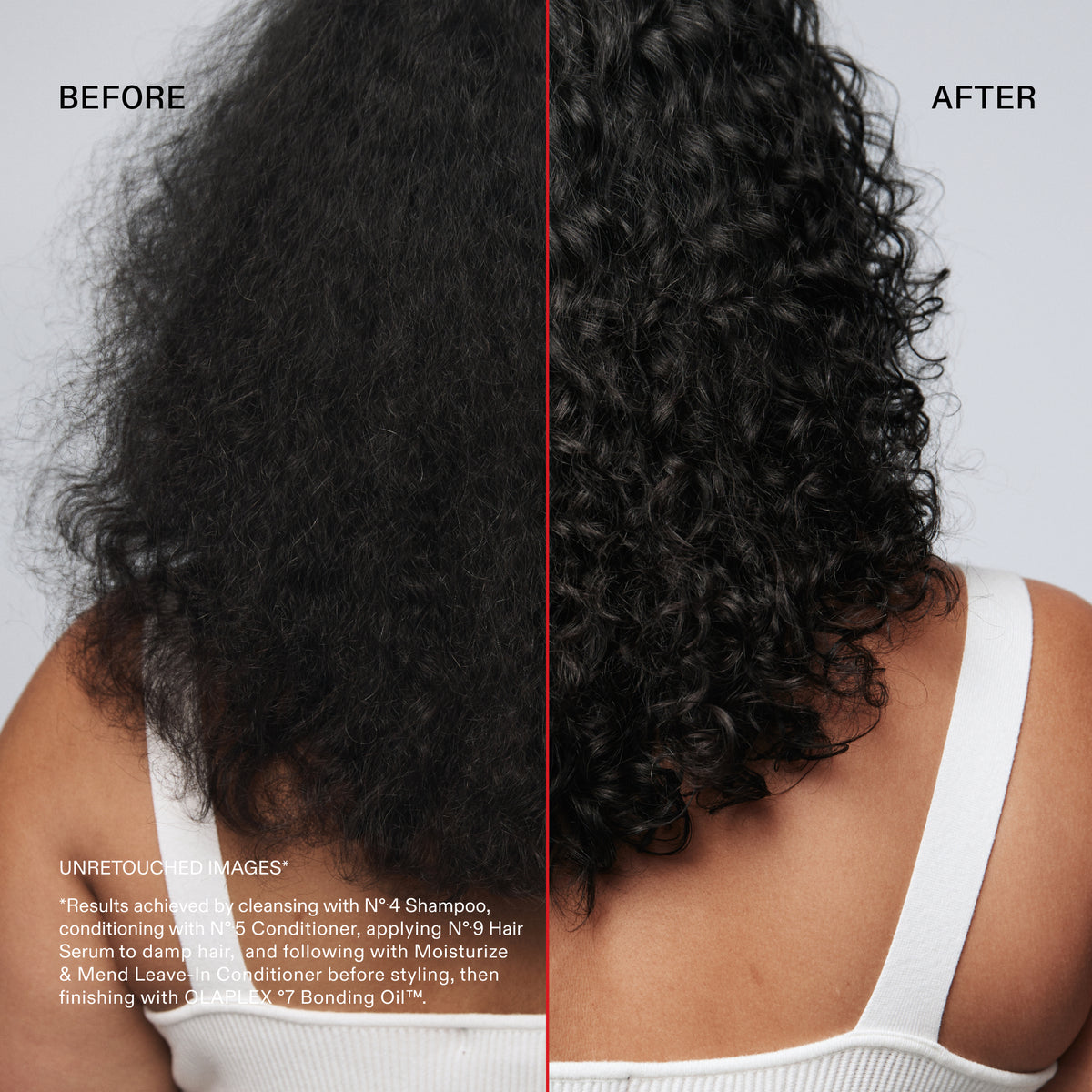 Before-and-after hair care comparison showing a woman from the back with dark, voluminous curly hair. The left side is labeled BEFORE and shows coarser, less defined hair; the right side is labeled AFTER and shows smoother, tighter curls.