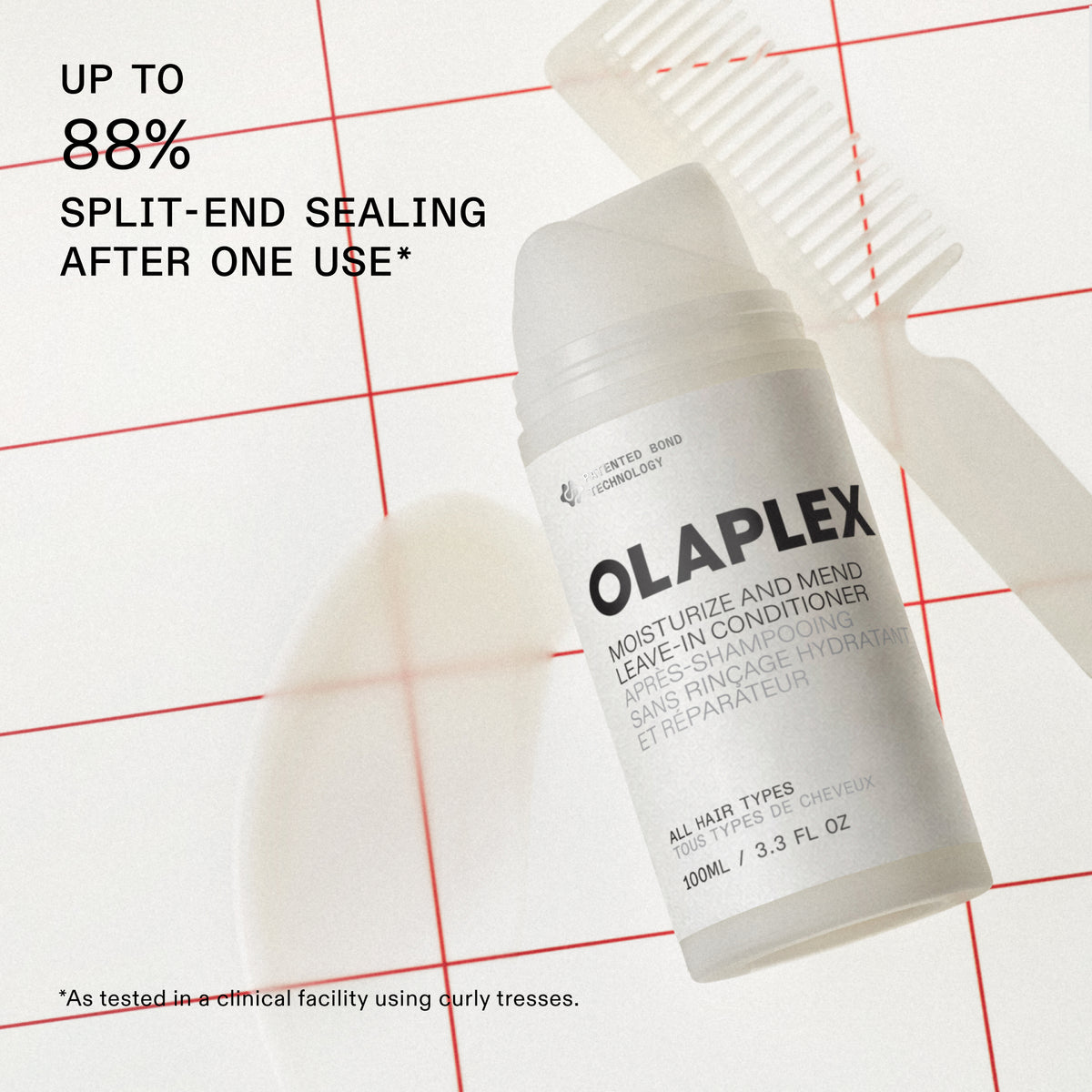 A bottle of Olaplex Moisturize and Mend Leave-In Conditioner shown on a white background with red grid lines and text overlays. A white comb and a curled hair section are also visible in the background.