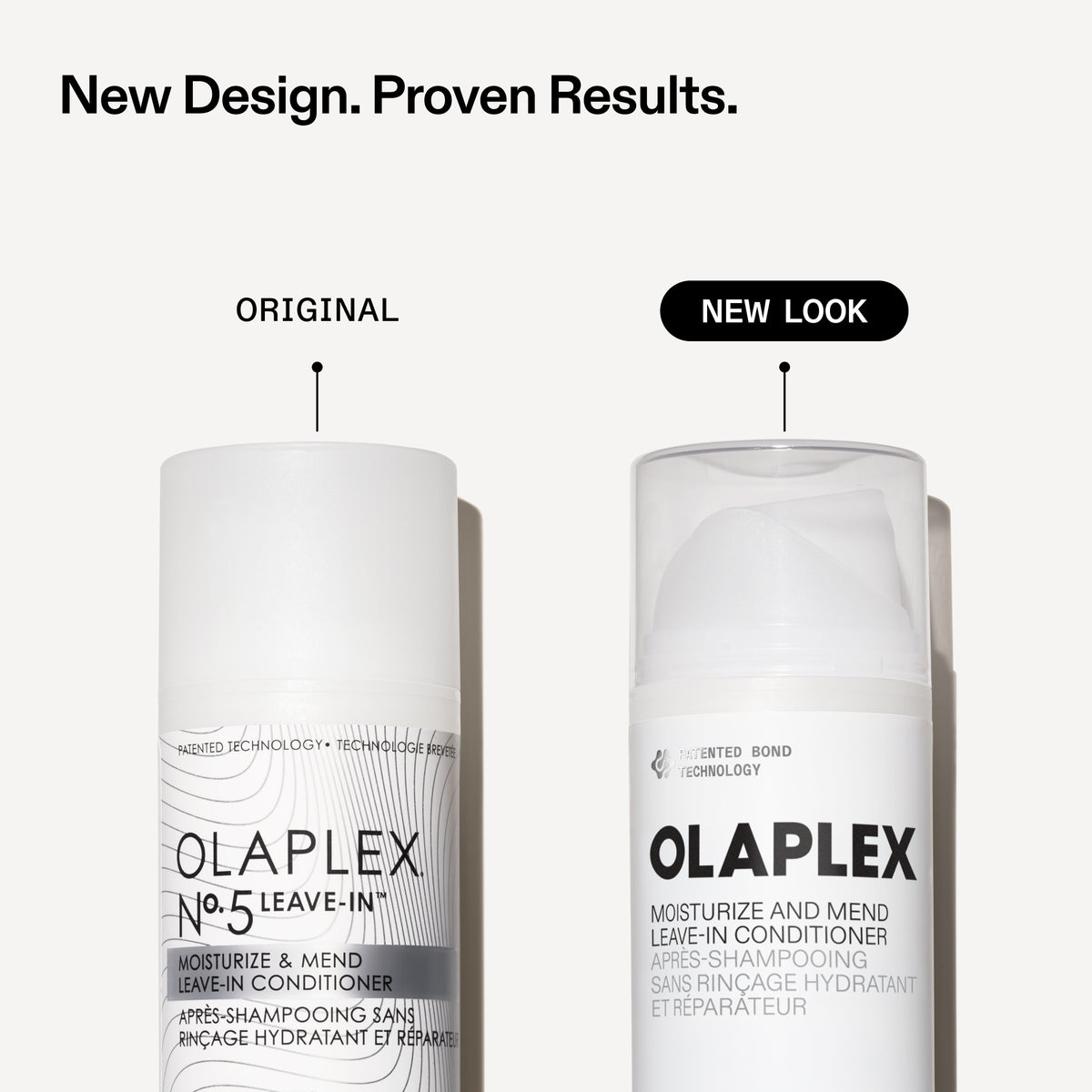 Two white Olaplex leave-in products on a light gray background, labeled 'ORIGINAL' and 'NEW LOOK' with text above them. The left bottle reads 'OLAPLEX No.
