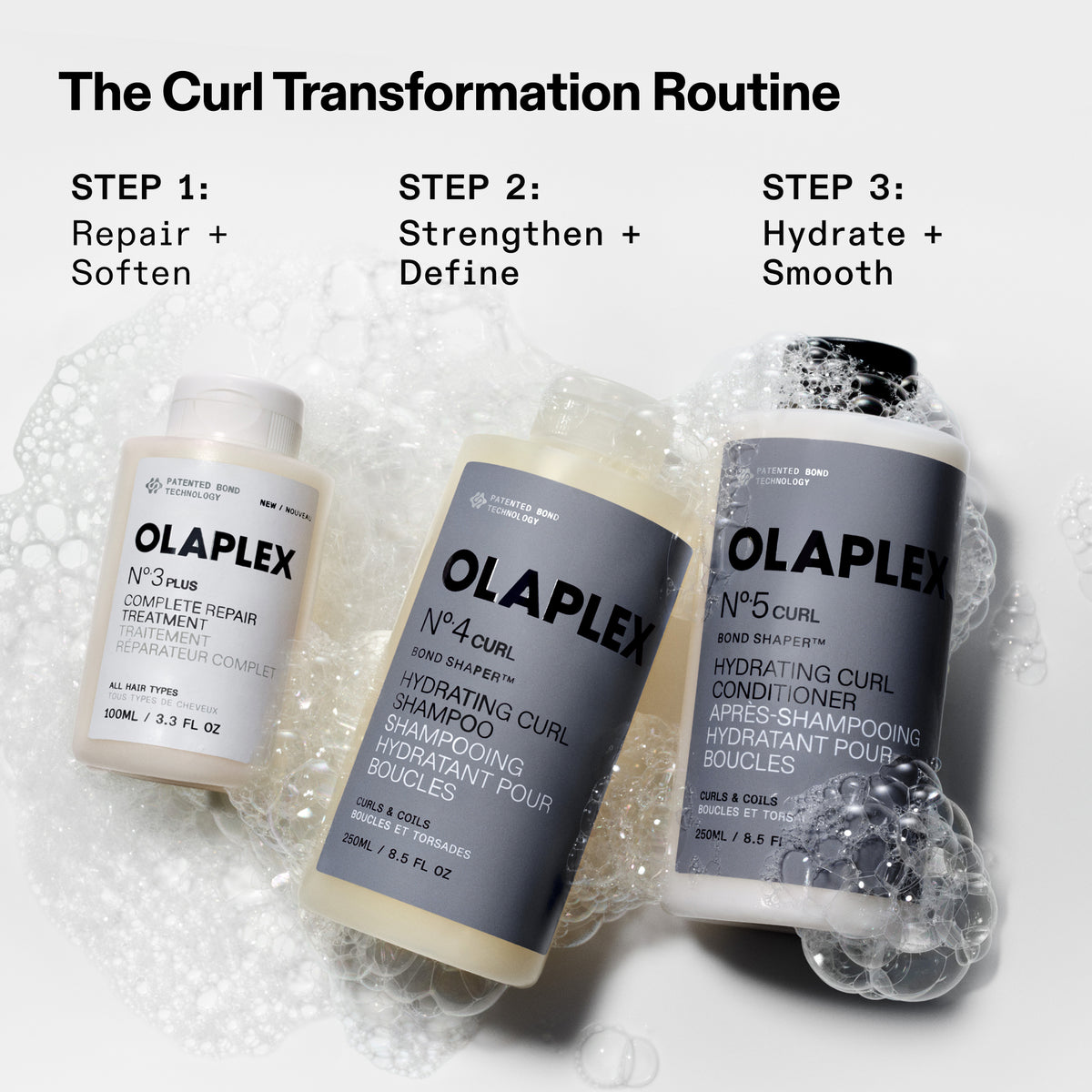 Olaplex hair care products with step-by-step instructions on a white background