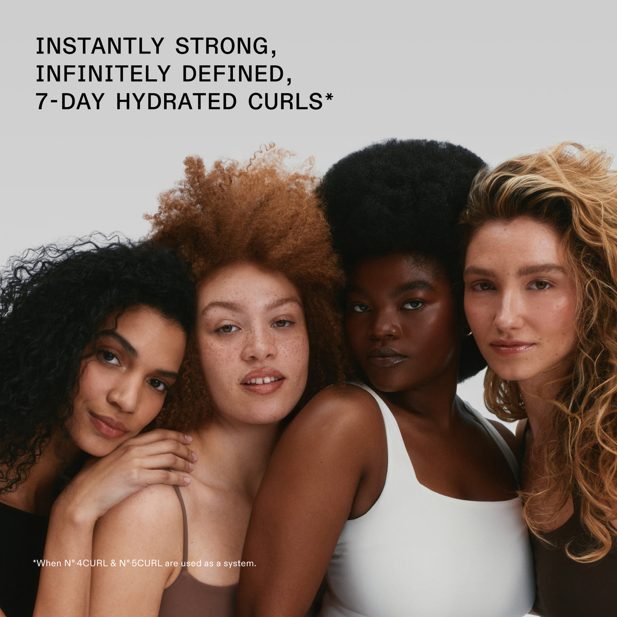 Four women with curly hair styles against a gray background, with text about hair care products.
