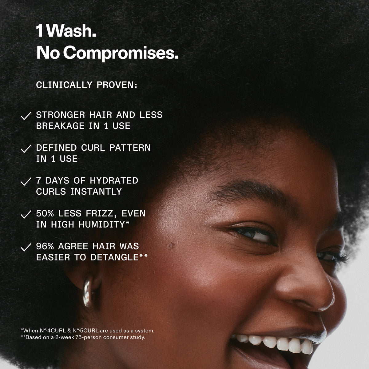 Woman with healthy hair and promotional text about hair care product benefits.