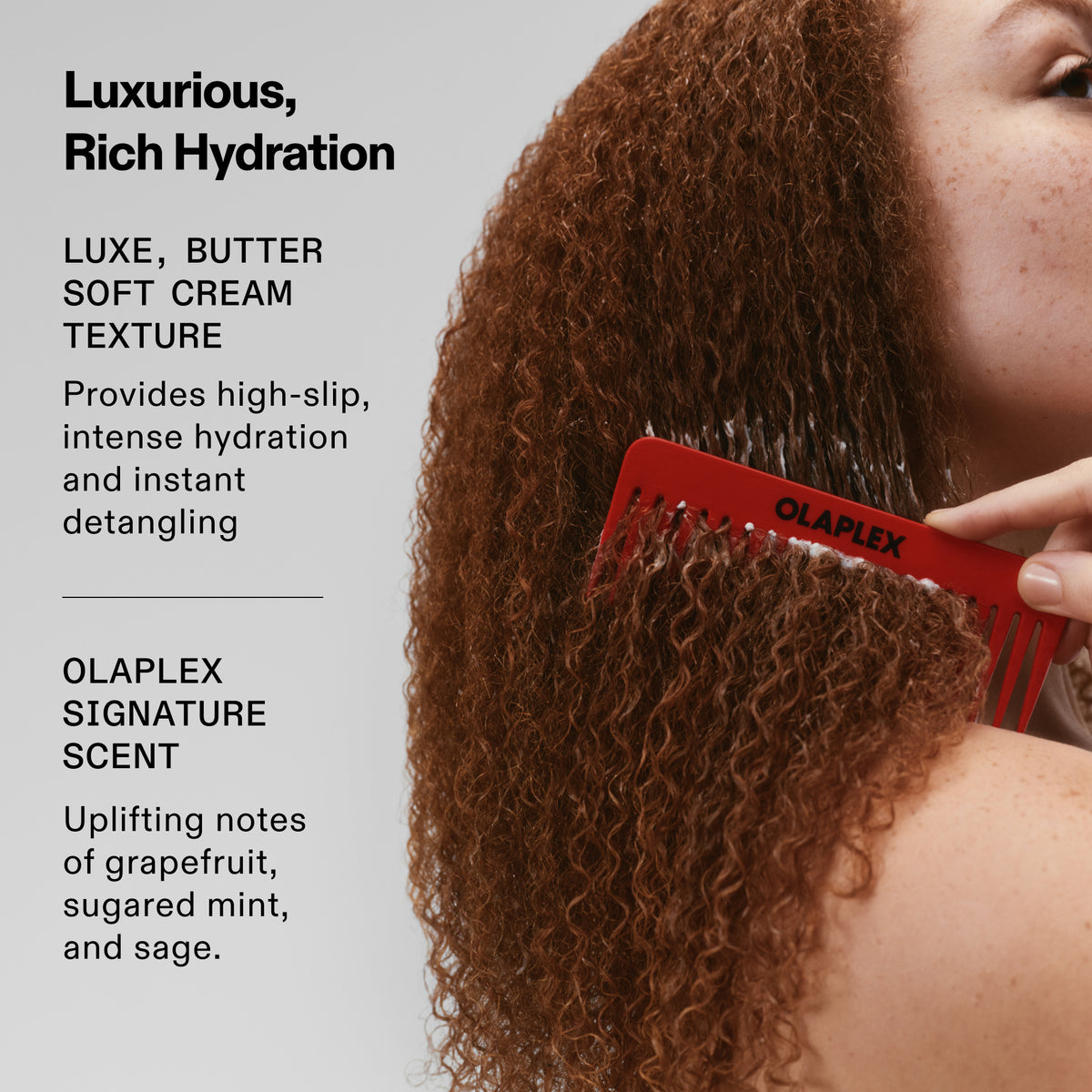 Person using a red comb on curly hair with Olaplex branding, alongside product features on a gray background.