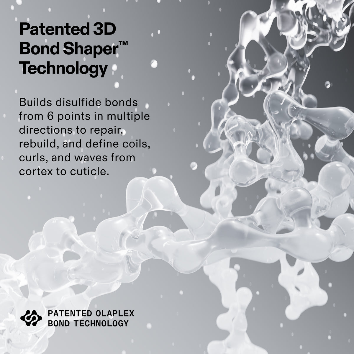 Advertisement for Patented 3D Bond Shaper Technology with molecular structure illustration on a gray background.