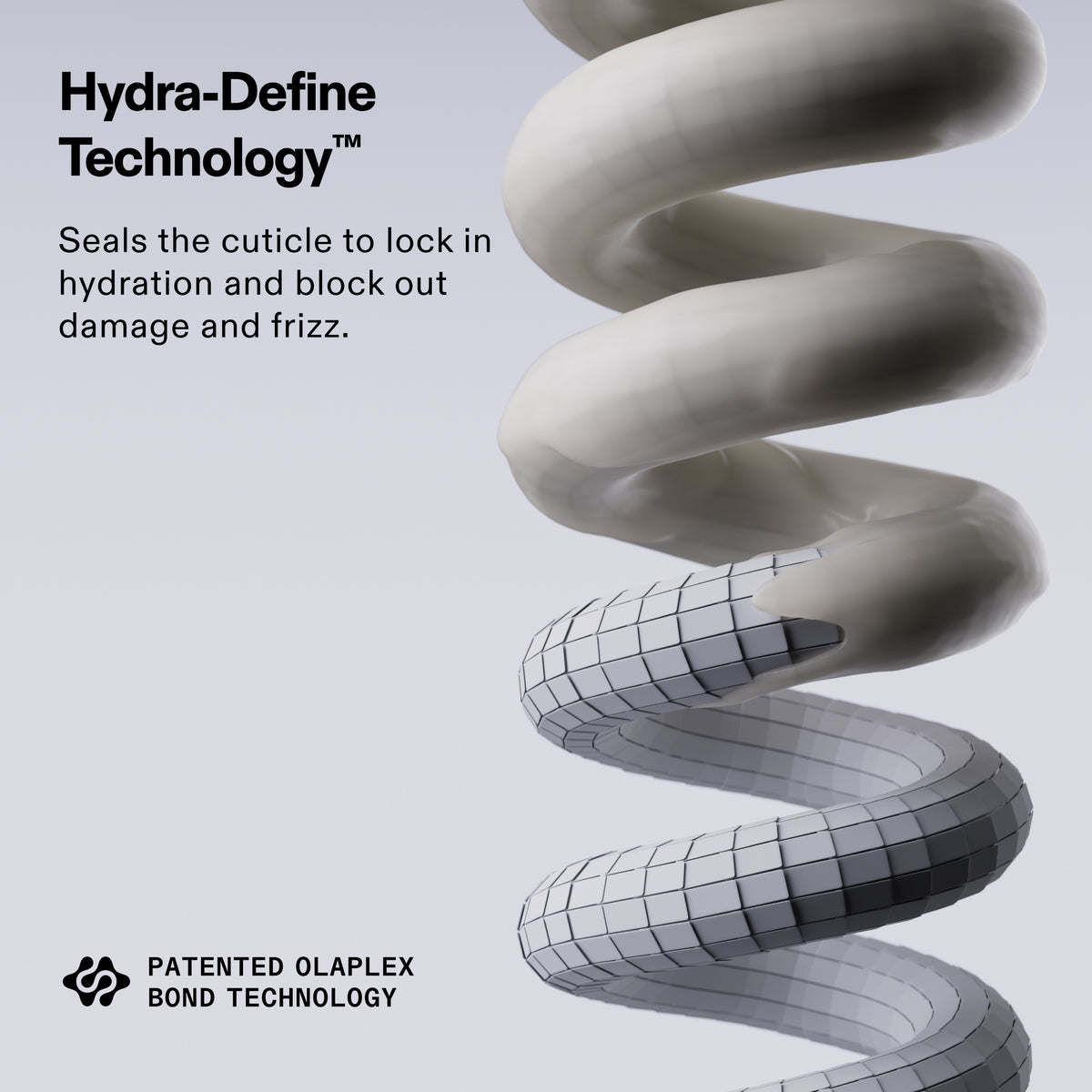 Spiral design with text about Hydra-Define Technology and Olaplex bond technology on a light gray background.