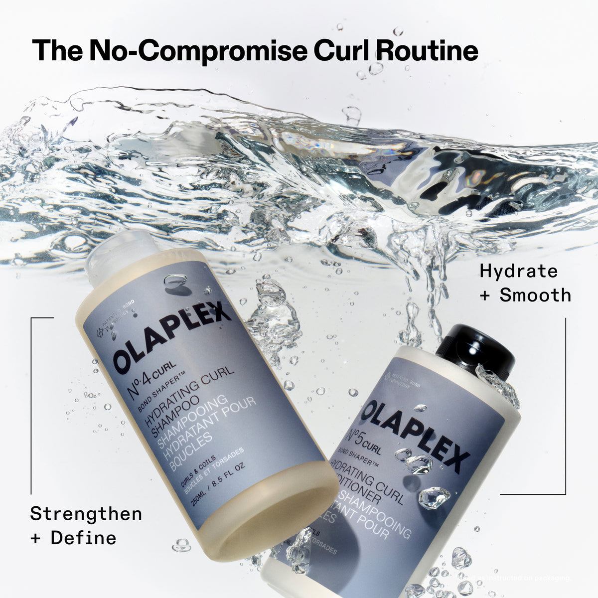 Olaplex shampoo and conditioner bottles with water splash background