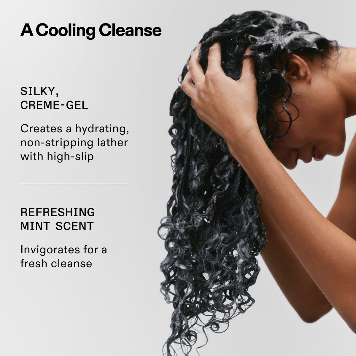 Person washing hair with a cooling cleanse product, featuring text about product features.