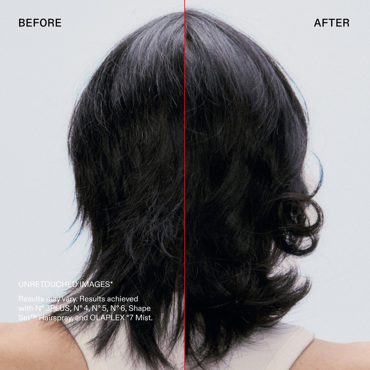 Before and after comparison of a person's dark hair, shown from the back, with 'BEFORE' on the left and 'AFTER' on the right. The hair appears fuller and more defined in the after view.