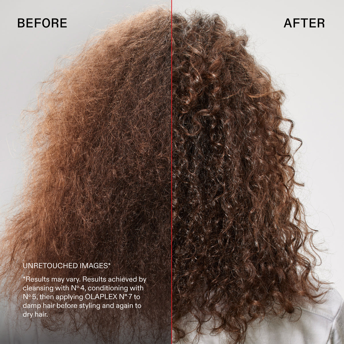 Before and after hair styling comparison showing curly hair texture improvement, with text explaining the results may vary based on hair type and product application.