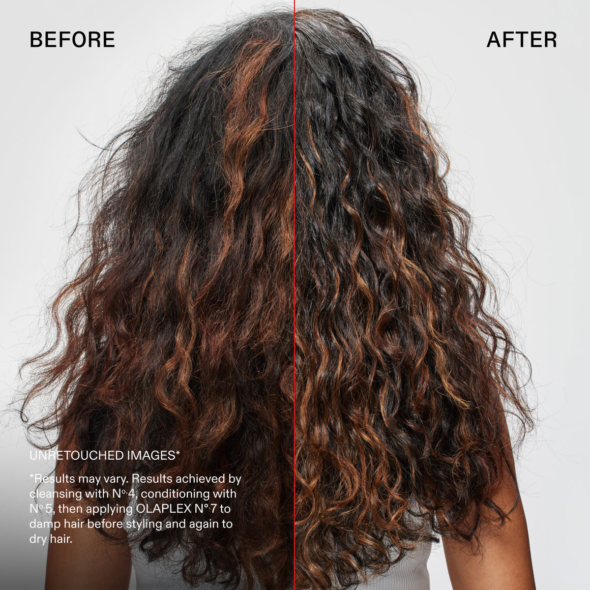 Before and after hair styling comparison showing long, curly dark brown hair with warm caramel highlights. The image is split vertically down the center with 'BEFORE' on the left and 'AFTER' on the right, on a light gray background.
