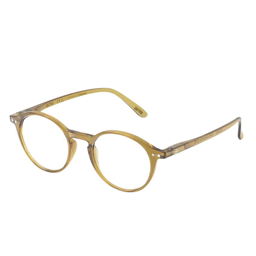 Golden green-rimmed eyeglasses on a white background