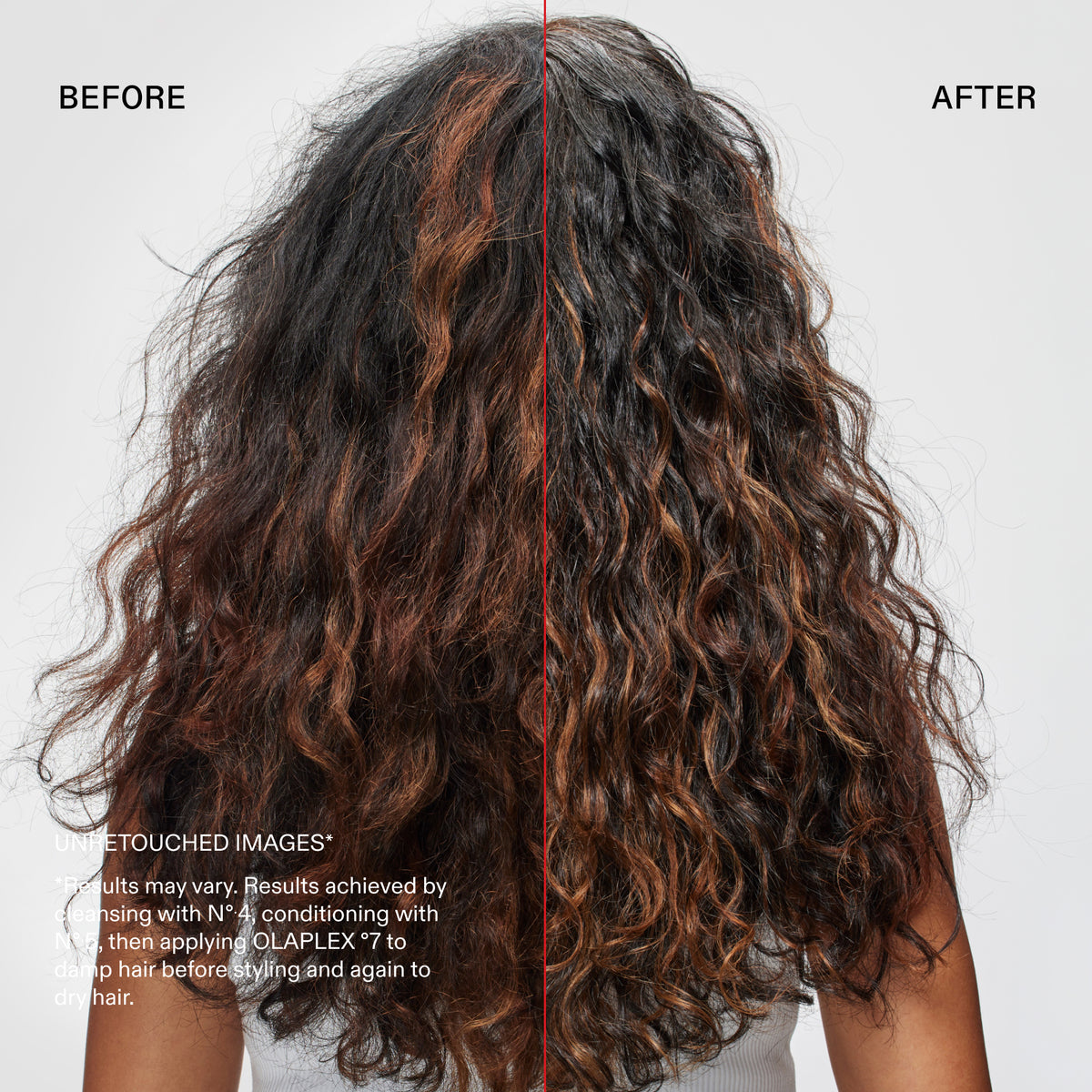Before-and-after hair transformation showing long, curly dark brown hair with warm caramel highlights, viewed from the back on a model against a light gray background.