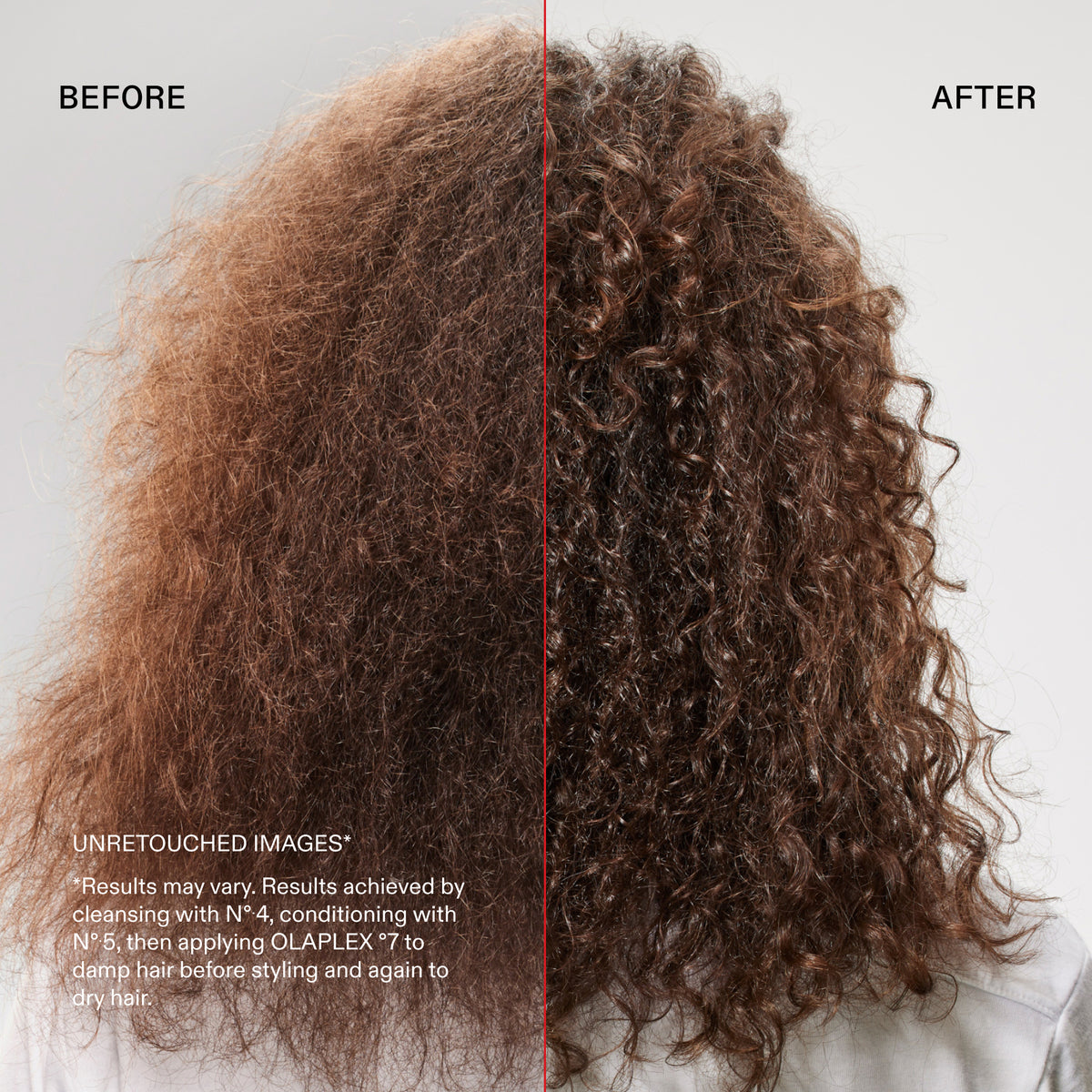 Before-and-after hair styling comparison showing curly, frizzy brown hair on the left and smoother, defined curly hair on the right, with text explaining the results.