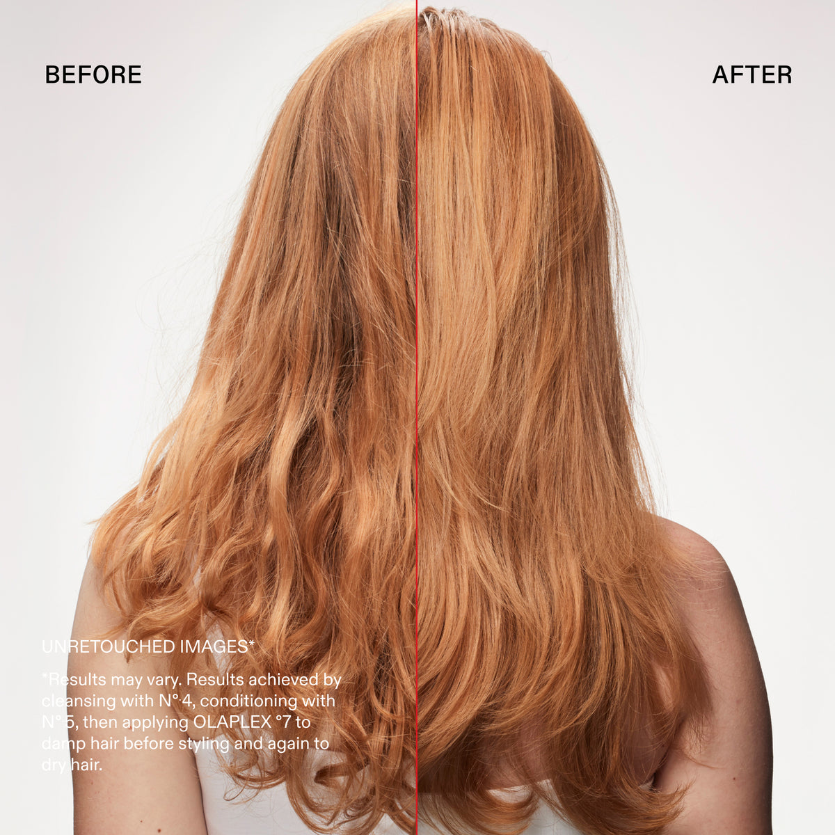 Before and after hair swirled view from the back showing a warm coppery auburn hair color on a model against a white background.