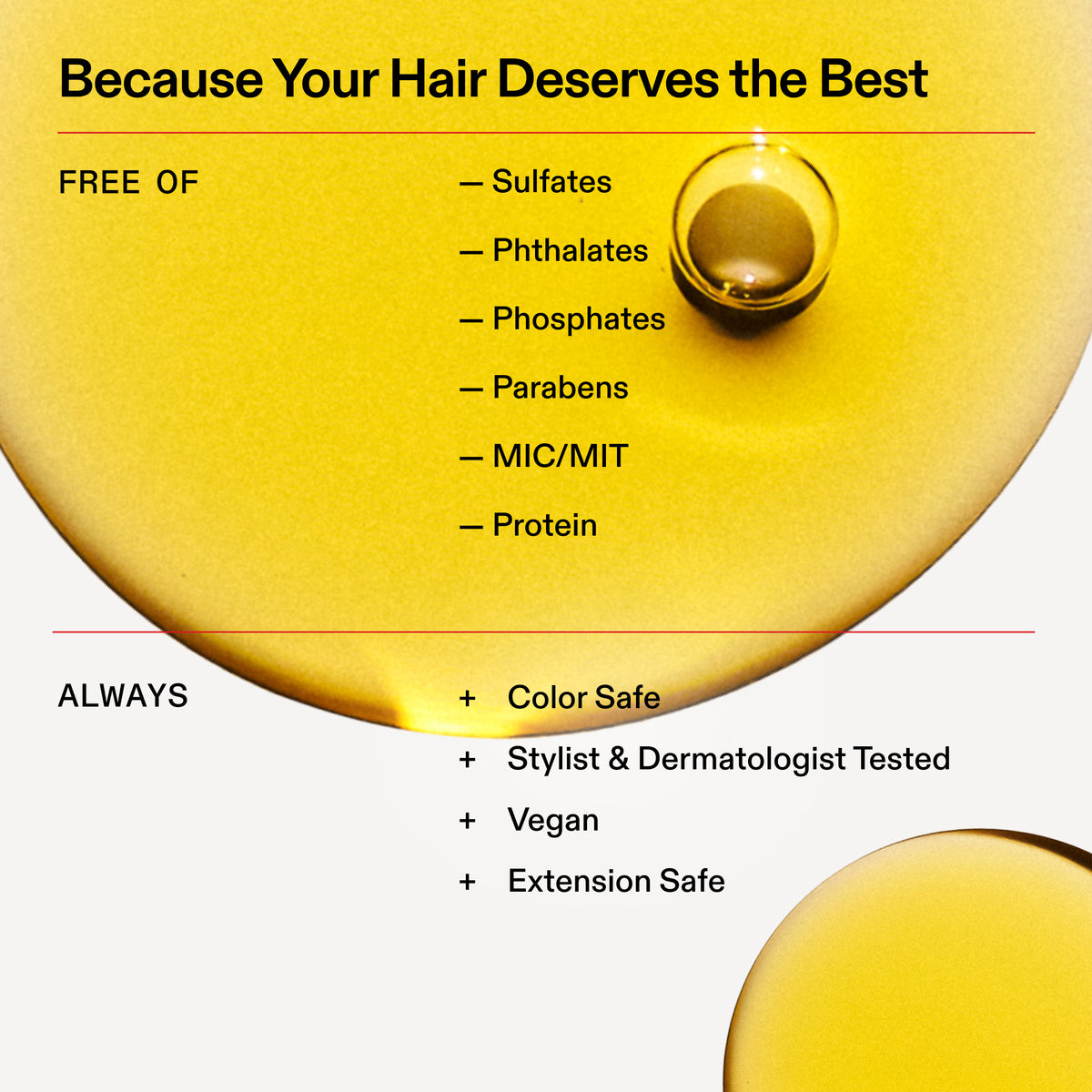 Promotional graphic for a hair care product with a large translucent yellow droplet on a white background. Text reads 'Because Your Hair Deserves the Best' and lists benefits such as being free of sulfates, phthalates, phosphates, parabens, mic/mit, and protein, plus color safe, stylist and dermatologist tested, vegan, and extension safe.