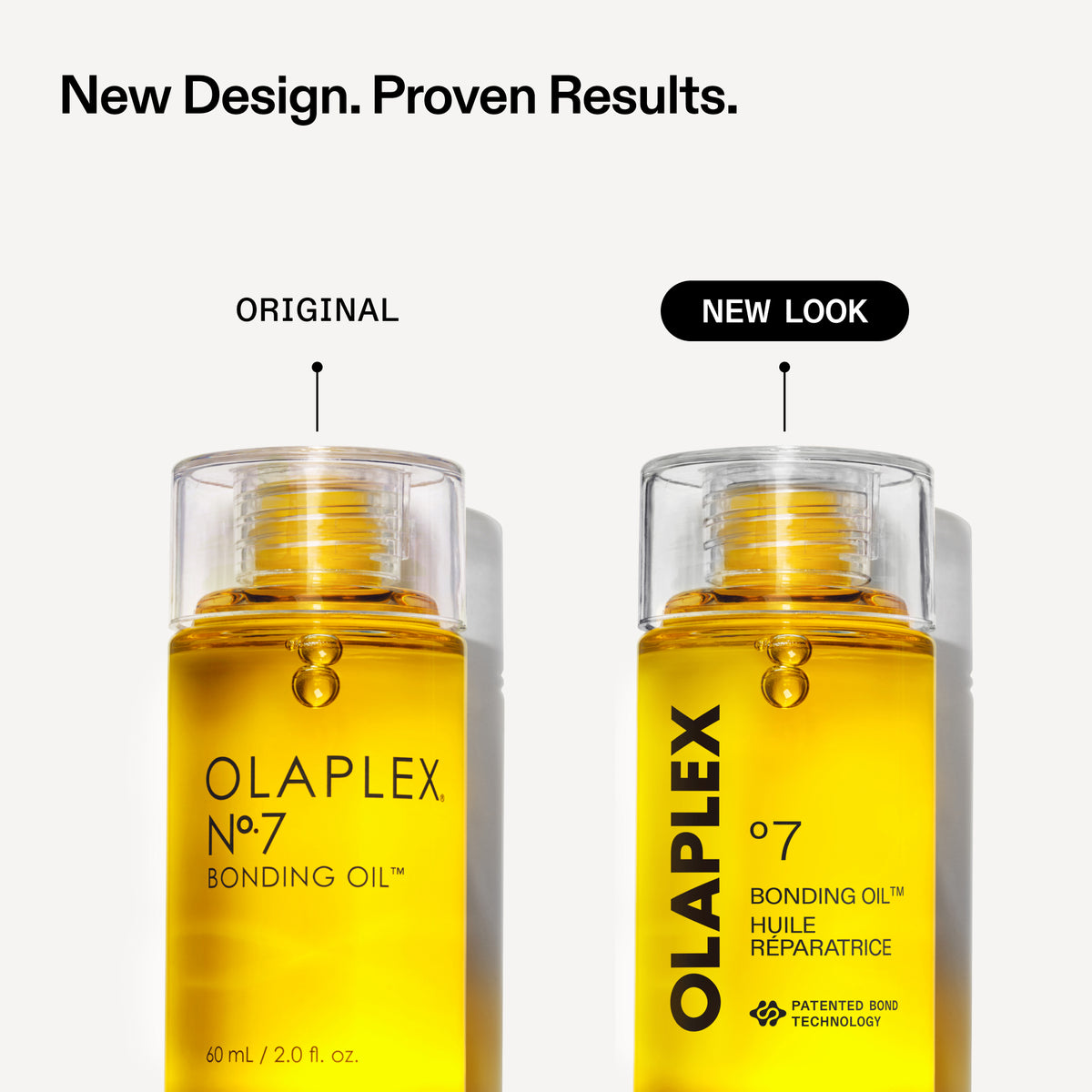 Two bottles of Olaplex No. 7 Bonding Oil shown side by side on a light gray background, with text reading 'ORIGINAL' above the left bottle and 'NEW LOOK' above the right bottle.