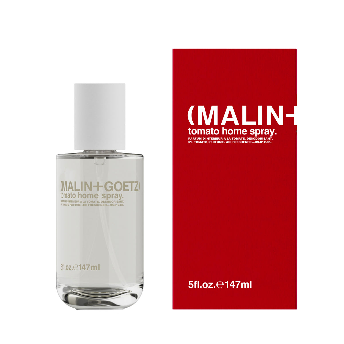 MALIN+GOETZ tomato home spray bottle and packaging on a white background
