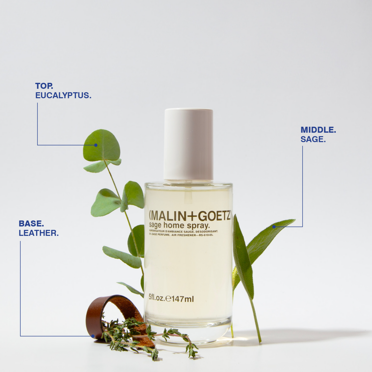 Malin+Goetz sage home spray bottle with eucalyptus leaves on a light background