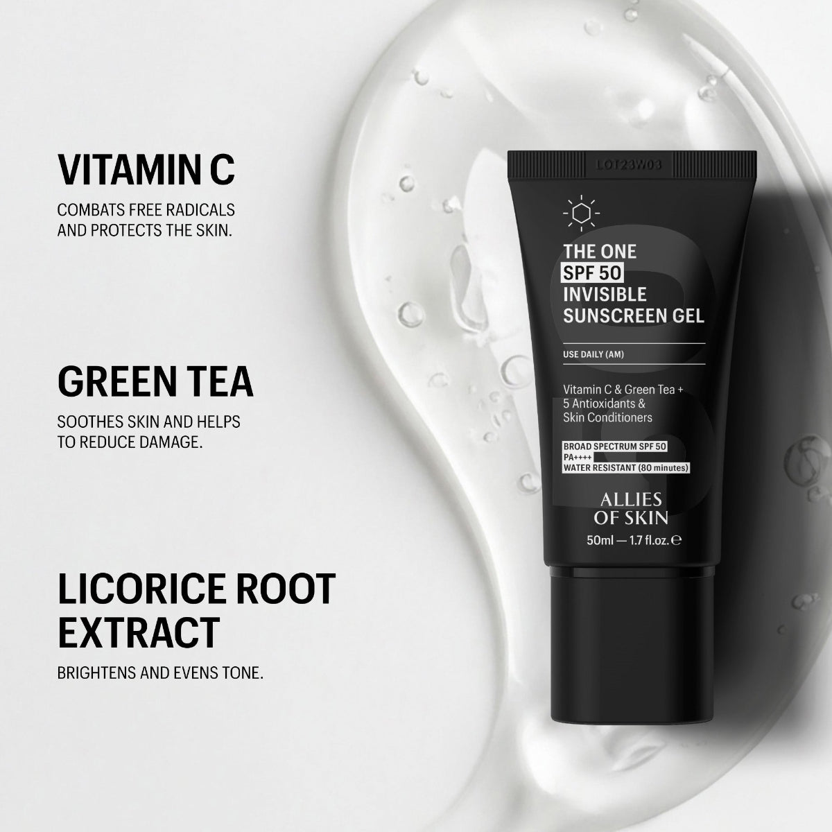 Black sunscreen gel tube with text about vitamin C, green tea, and licorice root extract on a white background.