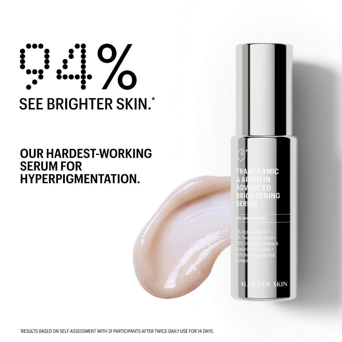 Serum bottle with text claiming 94% brighter skin and product name on a white background