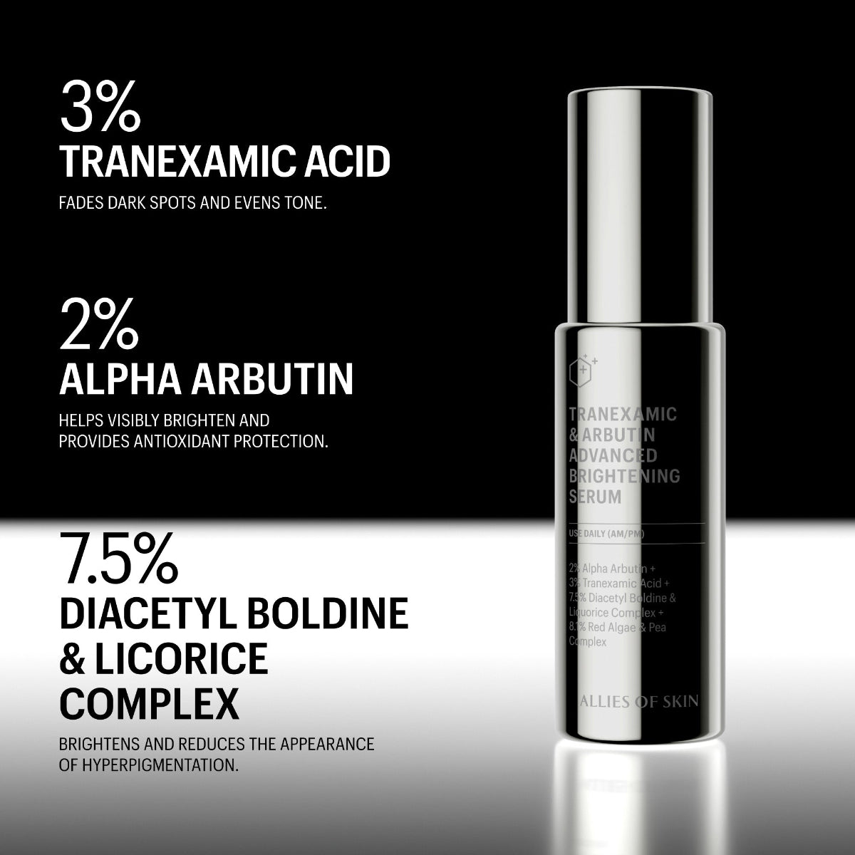 Skincare serum bottle with ingredient details on a black and white background
