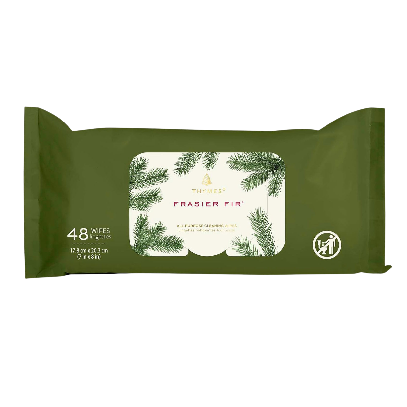 Green package of Thymes Frasier Fir wipes on a white background