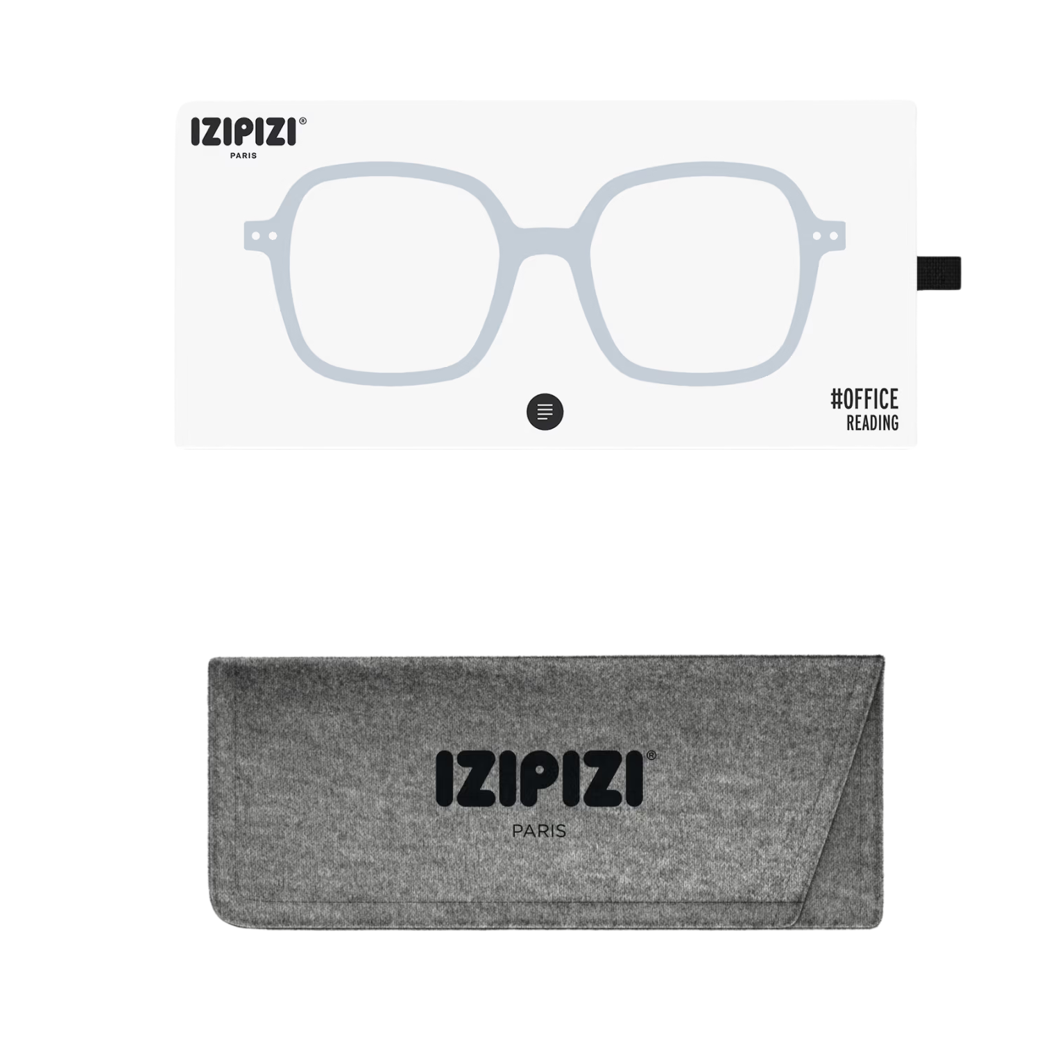 Izipizi eyeglasses with a gray case on a white background