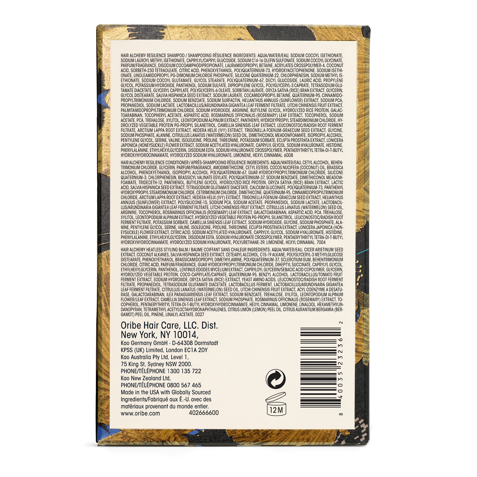 Back of a product packaging with text and branding on a white background