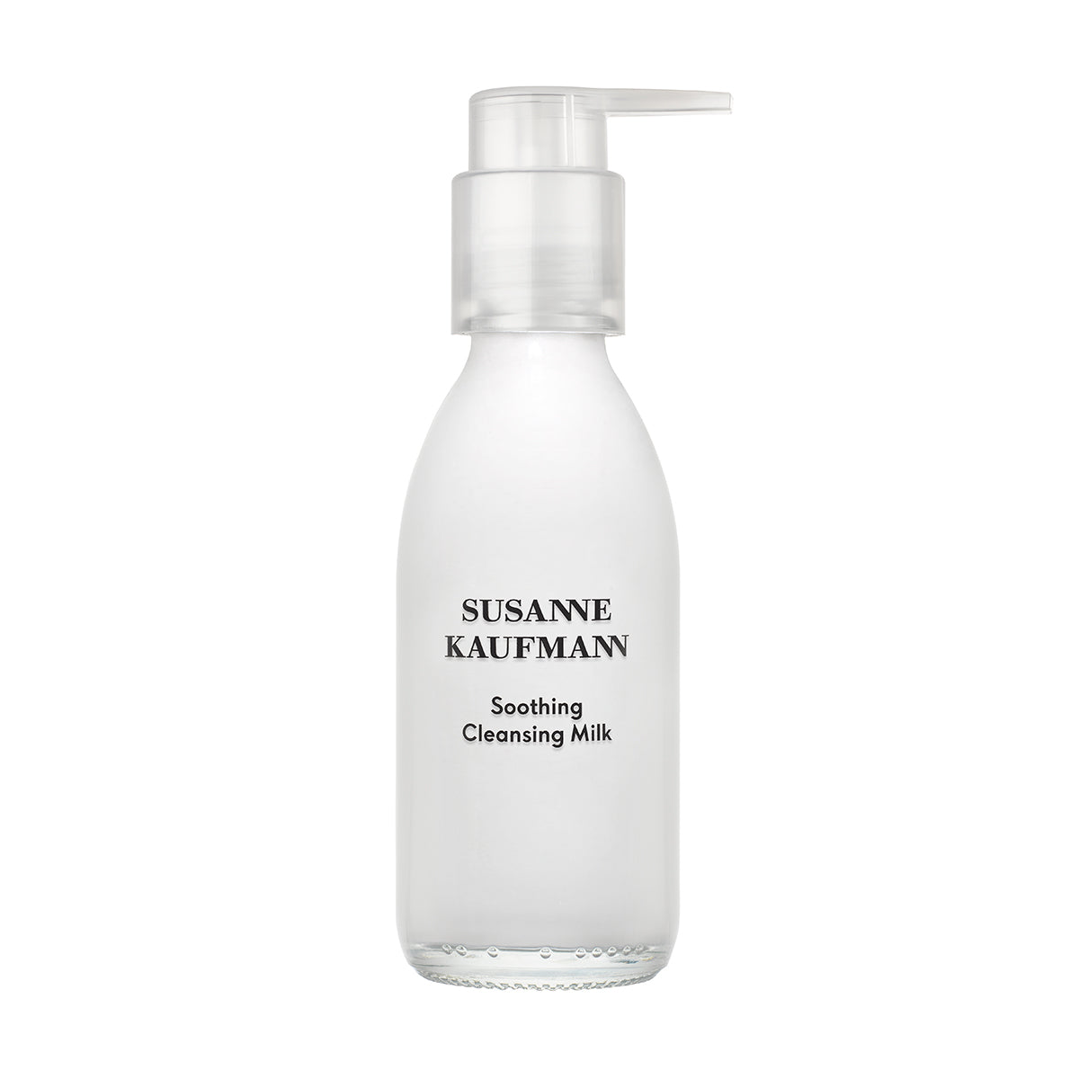 White bottle of Susanne Kaufmann Soothing Cleansing Milk with pump on a white background